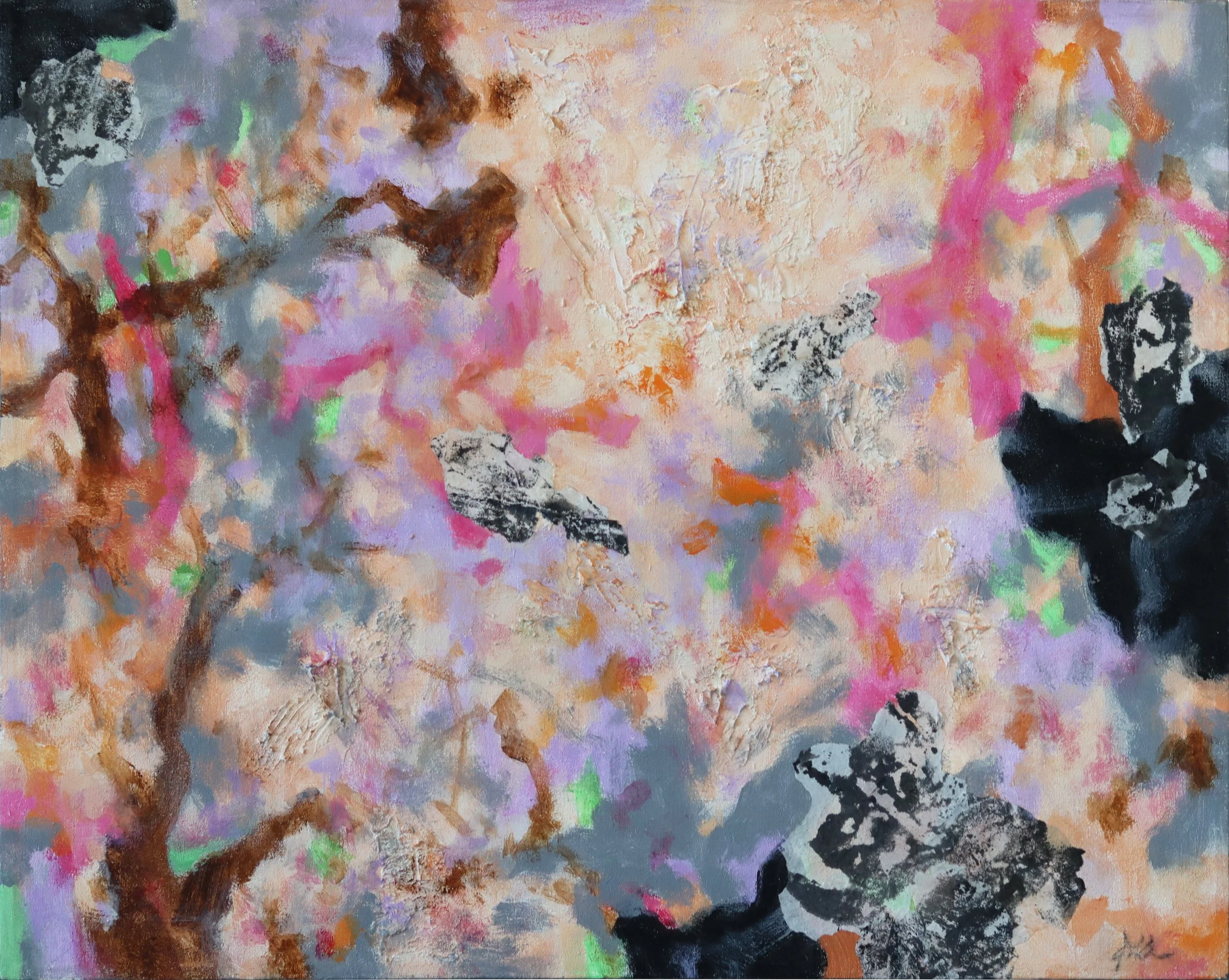 Simon Zhang.
Pink Moon #2, 2025
acrylic, ink and rice-paper on canvas
16" x 20"
$780