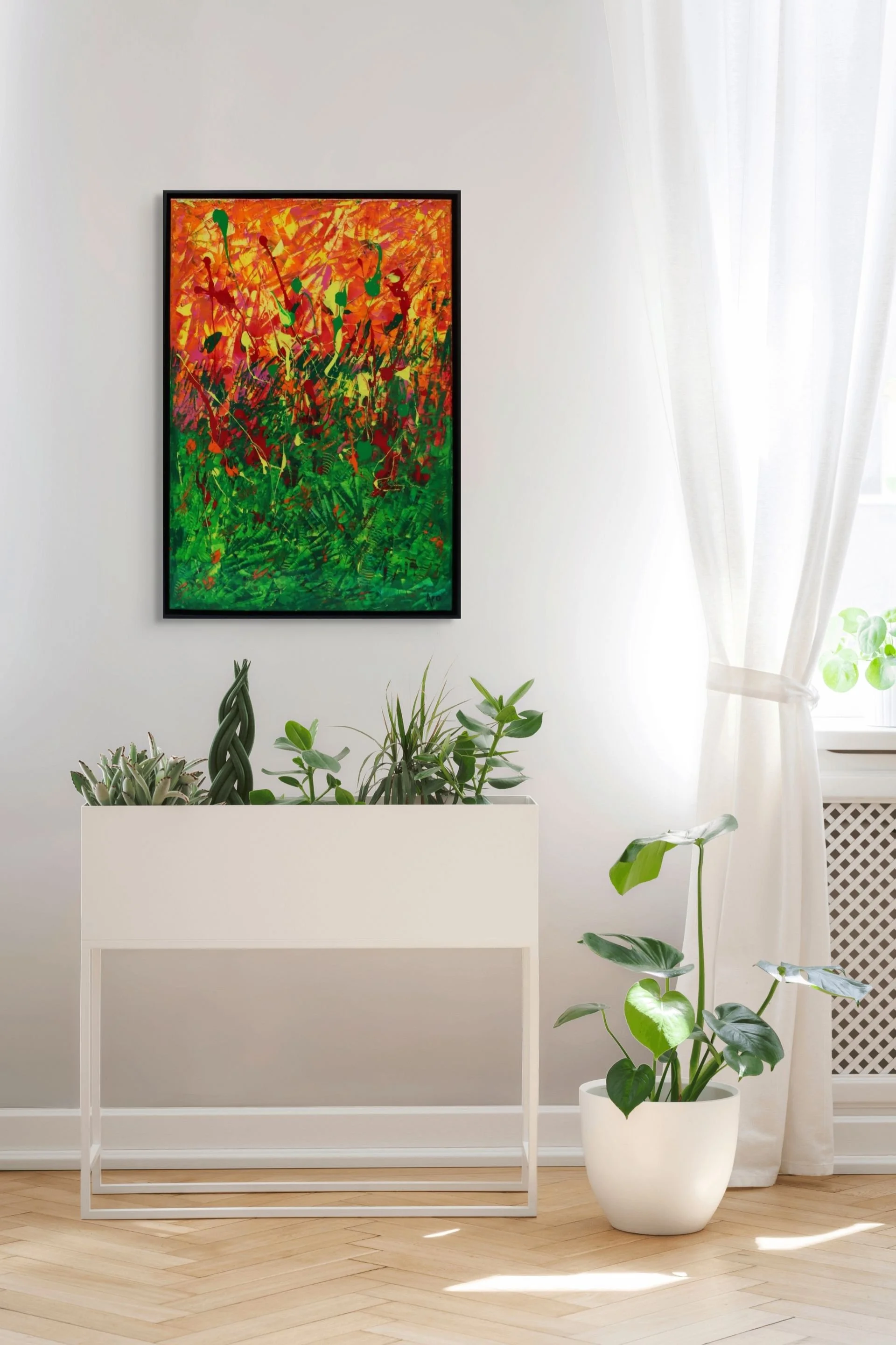 Installation Shot of Canadian Abstract artist ARO entitled Les Beaux Jours (A Beautiful Day), 2025 acrylic, resin on canvas measuring 36" x 24"