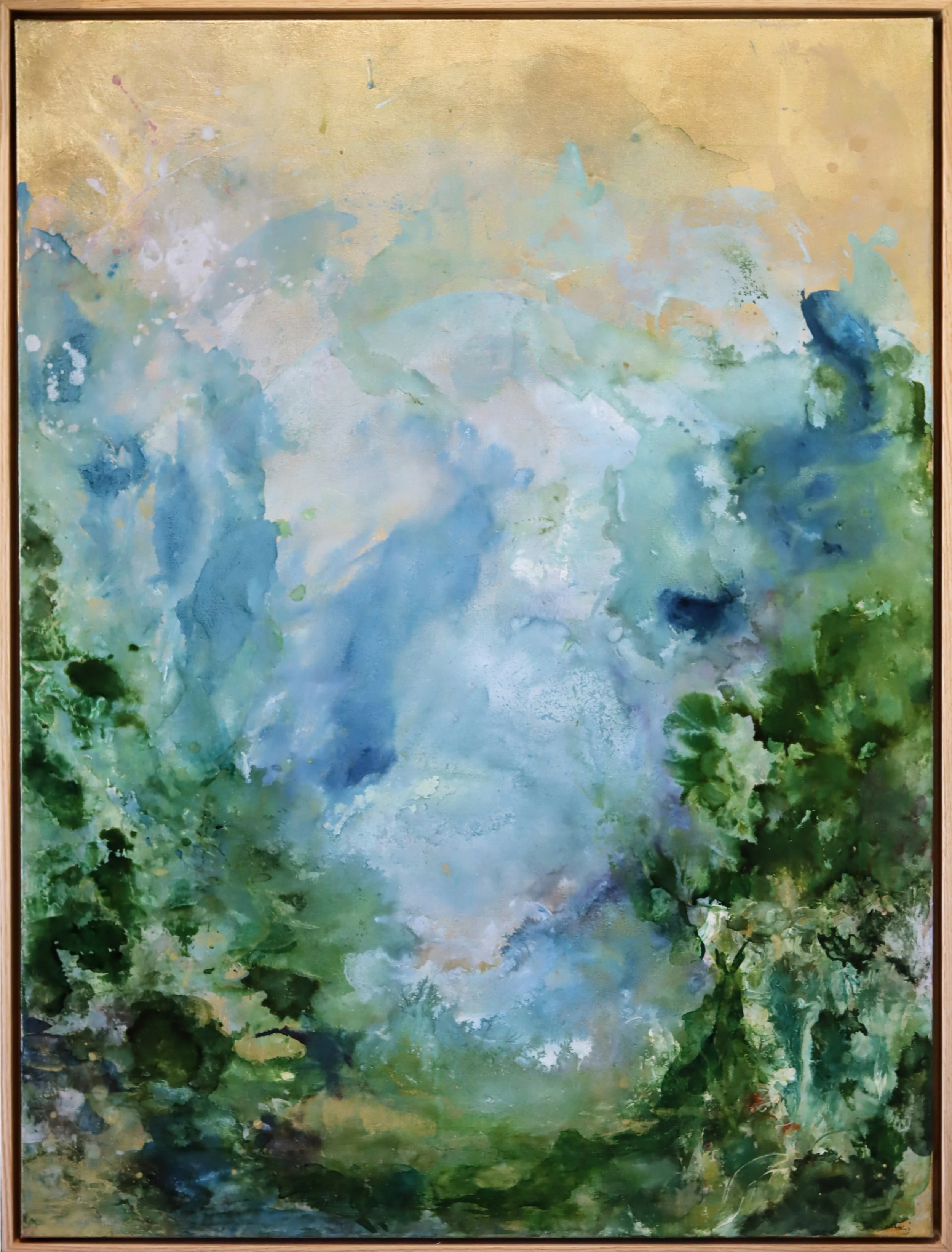 Jordan Moody.
Paradise Found, 2026
alcohol ink, faux gold leaf on canvas
40" x 30" 
$4,700