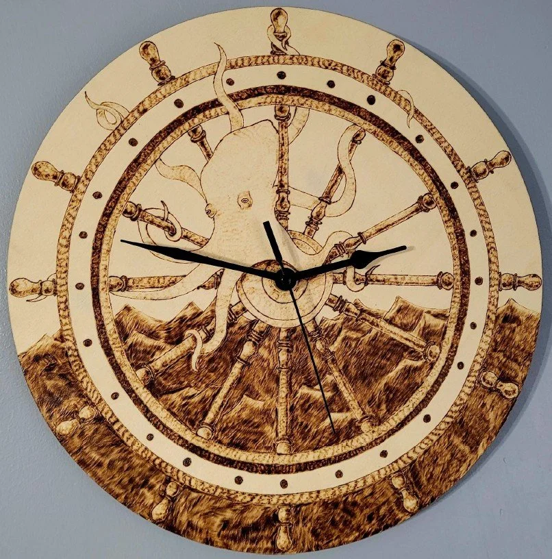 Jadyn Deming.
Time At Sea, 2024
pyrography on wood
12" diameter
$150