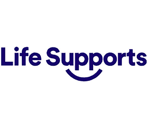Logo with the words 'Life Supports' in bold blue letters and a curved line underneath.