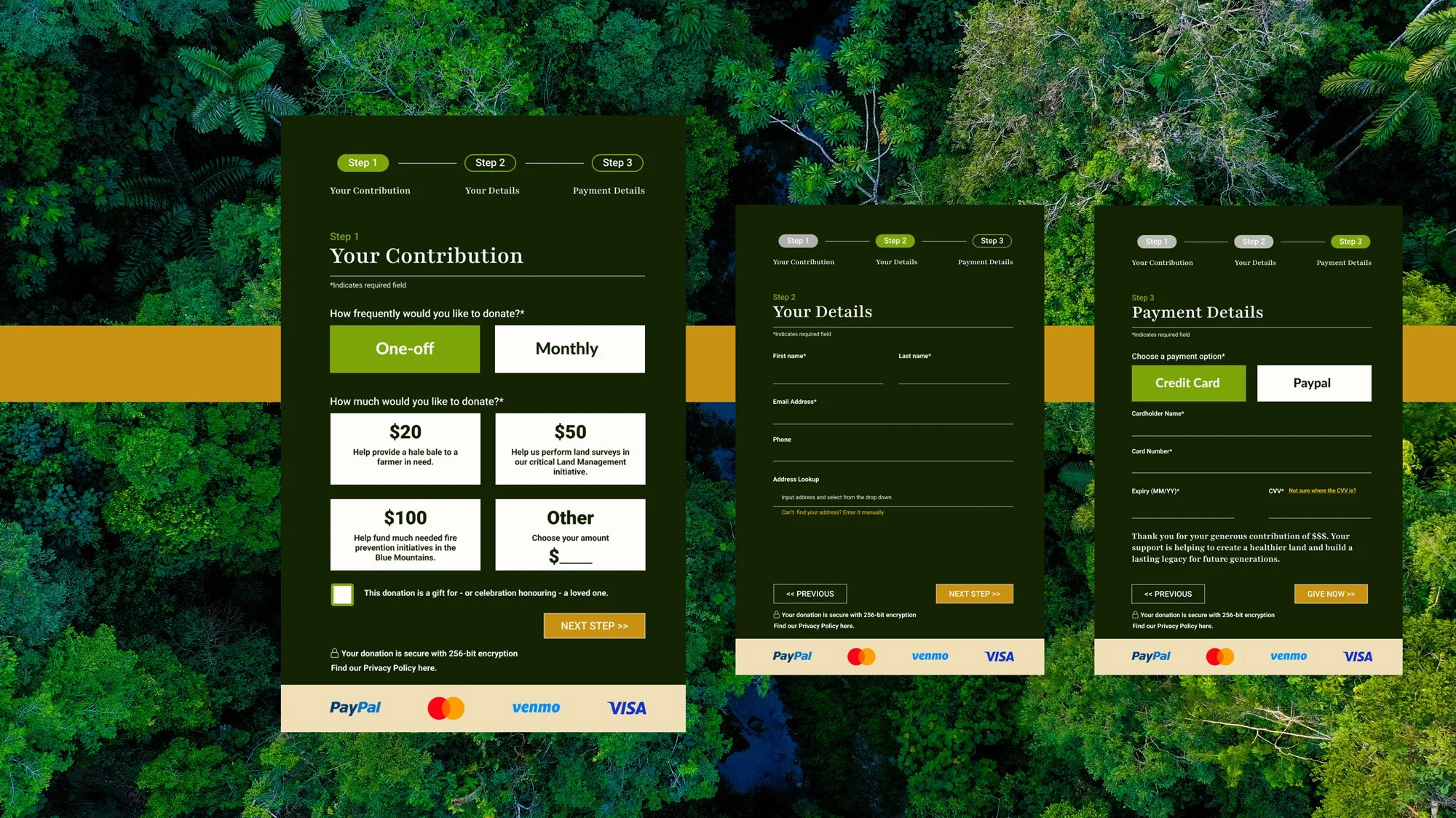UX Prototype design for a payment process. Shows each step of UX user journey.