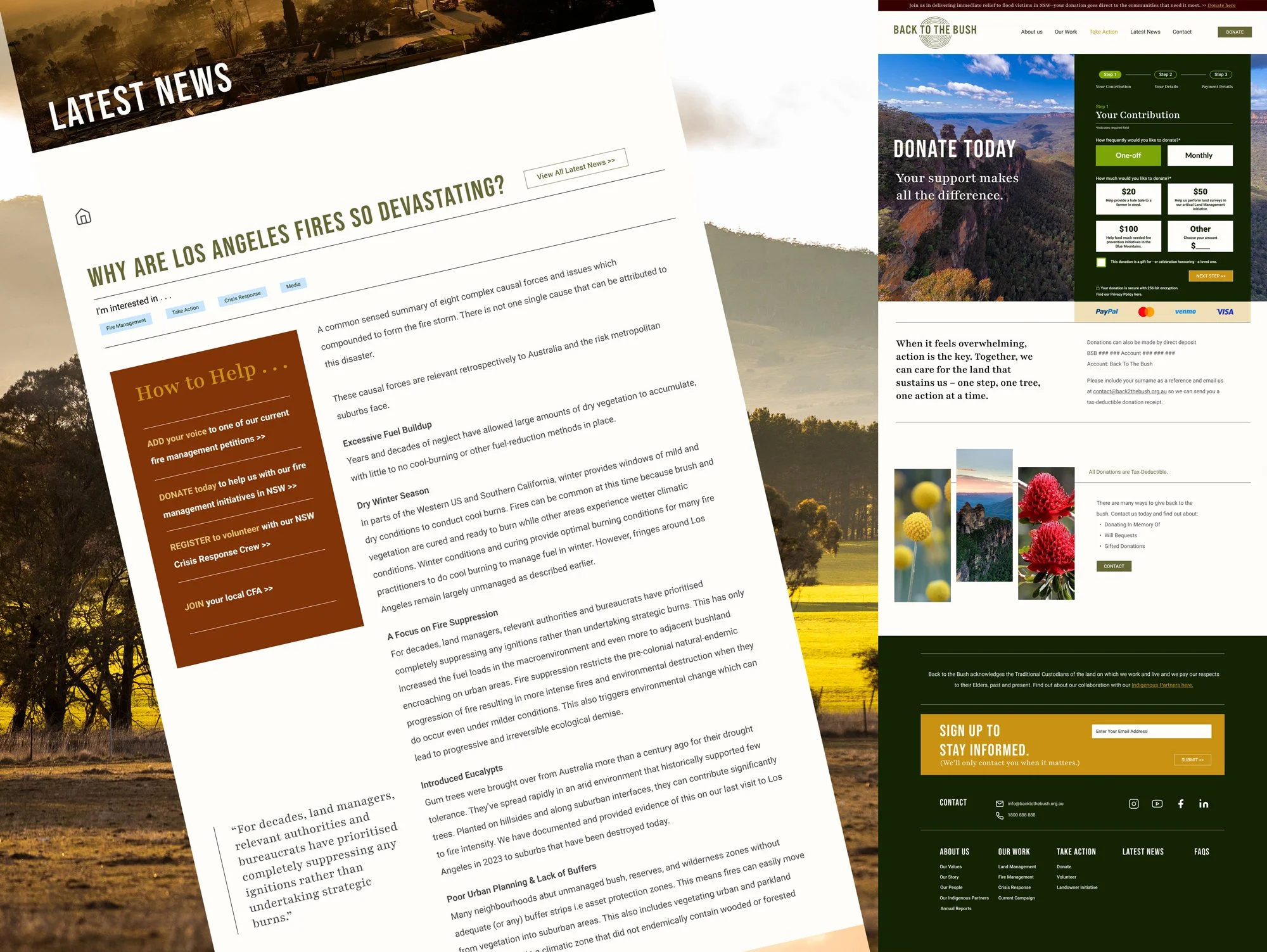 UX website prototype showing a blog page design for latest news and a donation page design.