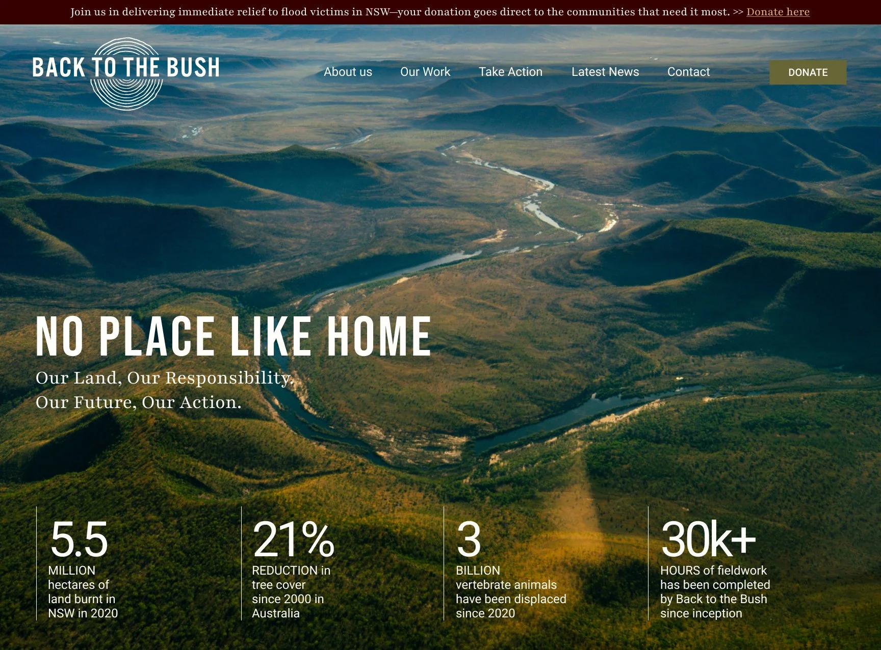 UX Design for homepage prototype for not-for-profit Back to the Bush. Shoes a birds eye view of nature and says, "no place like home.