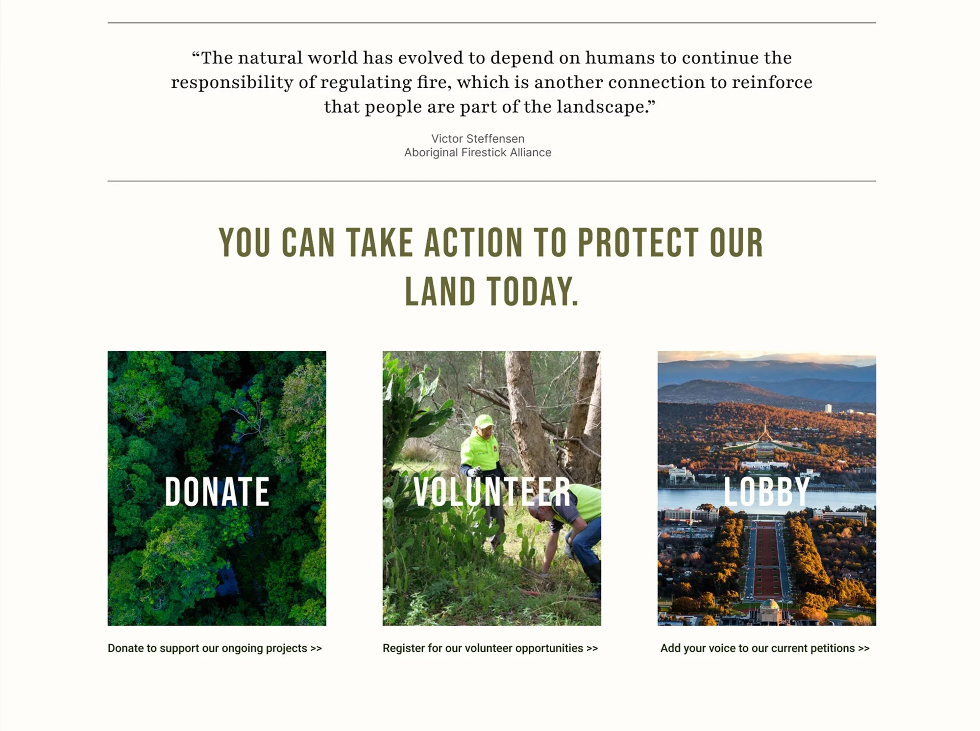Screenshot of a UX design prototype for a "take action section". Shows 3 large buttons calling to donate, volunteer or lobby.