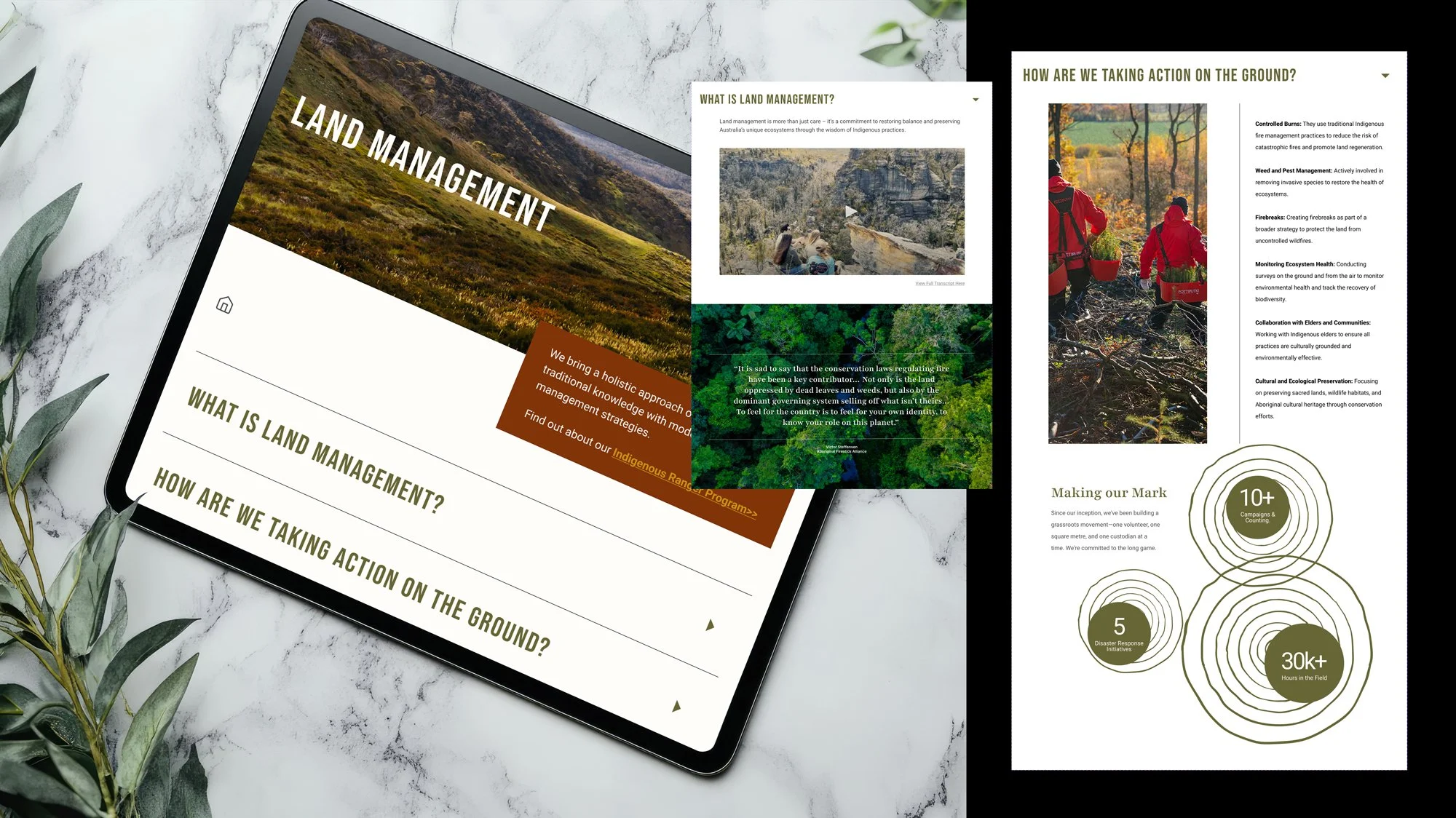 Flat lay showing UX Website Design for a not-for-profit. Shows a tablet screen with accordian layout design.