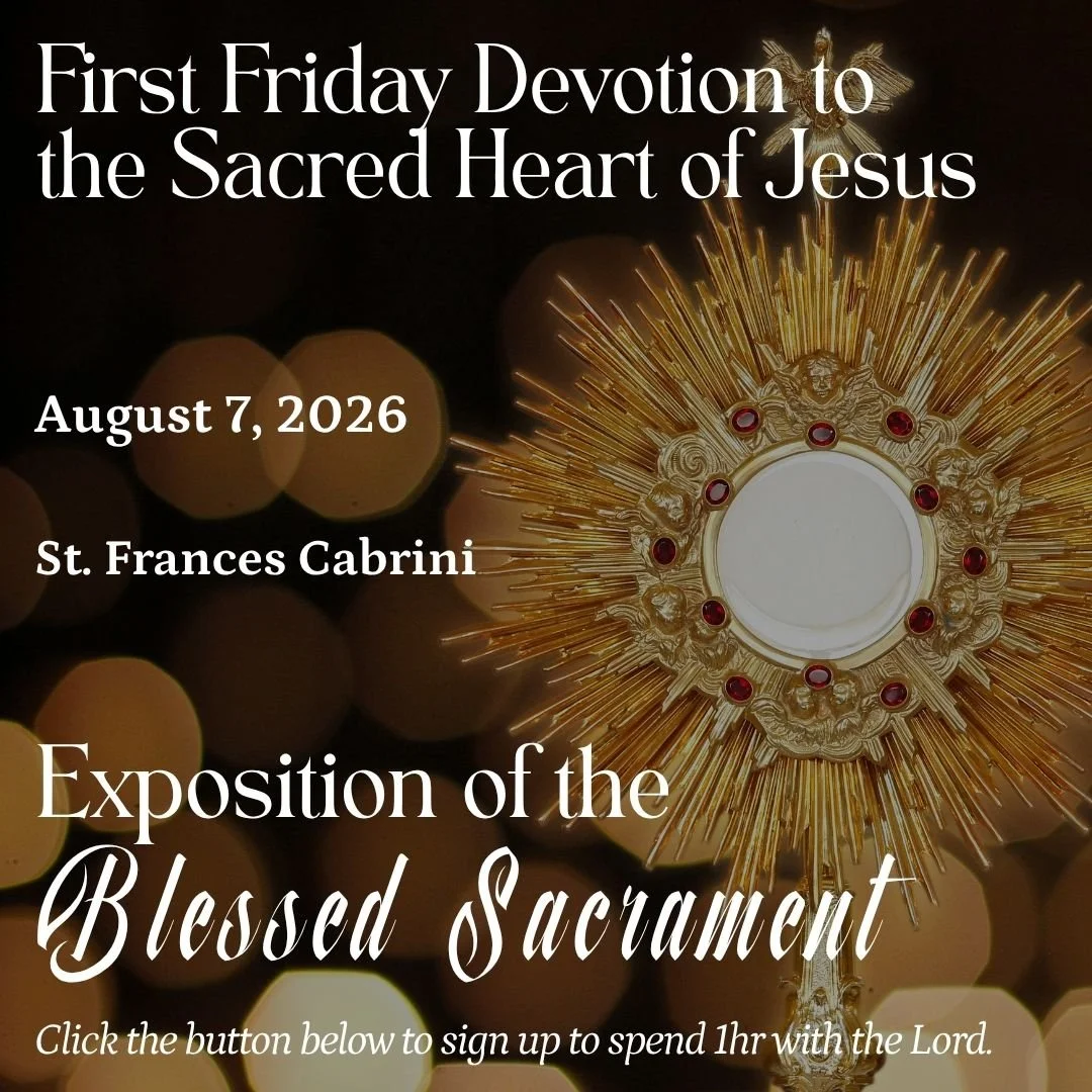 Golden monstrance with red gemstones and a small cross at the top, set against blurred candlelight background, advertising First Friday devotion to the Sacred Heart of Jesus on August 7, 2026, at St. Frances Cabrini.