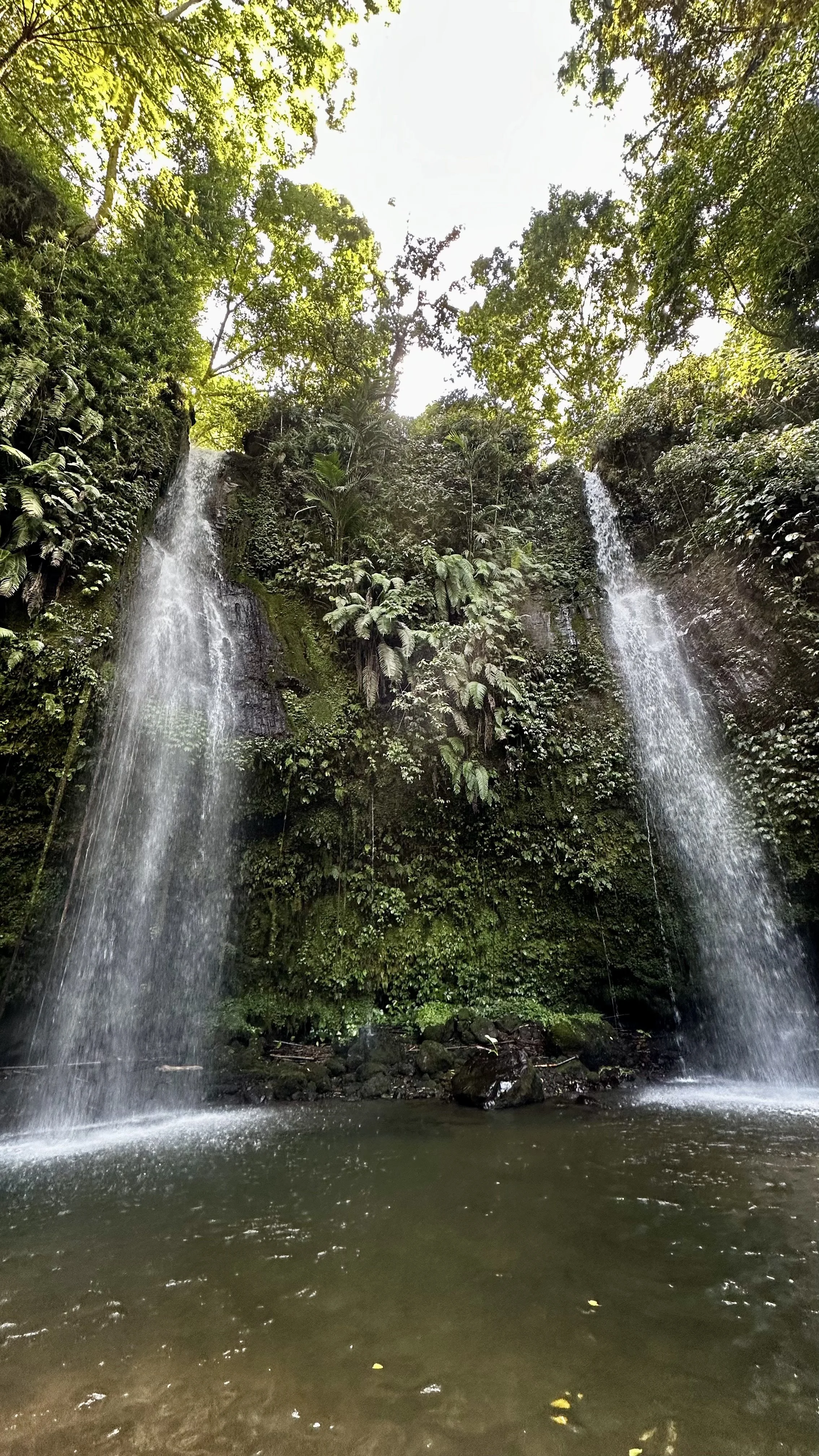 Benang Stokel Waterfall flowing through lush tropical forest in Lombok
