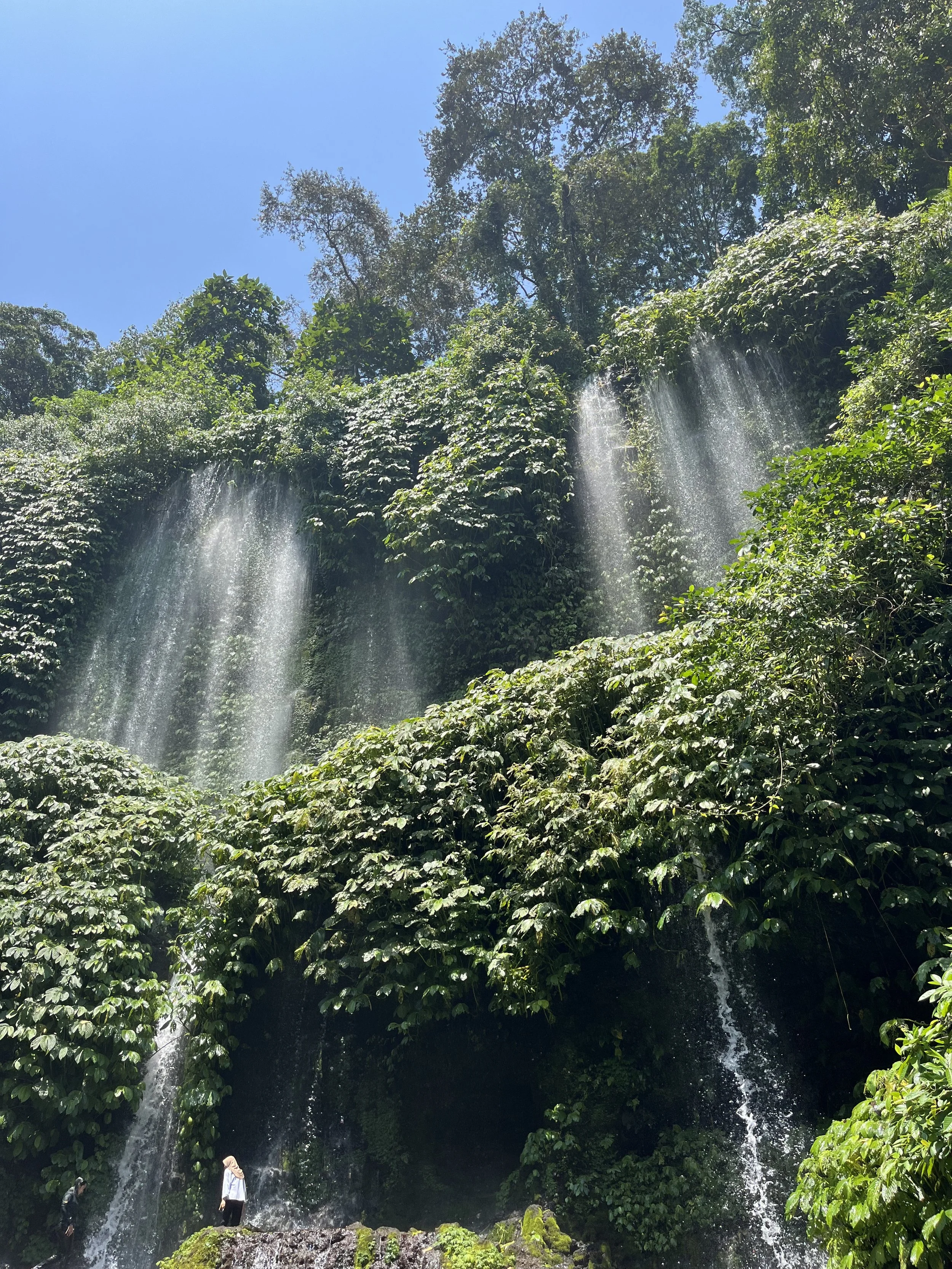 Wide view of Benang Kelambu Waterfall flowing through tropical jungle in Lombok