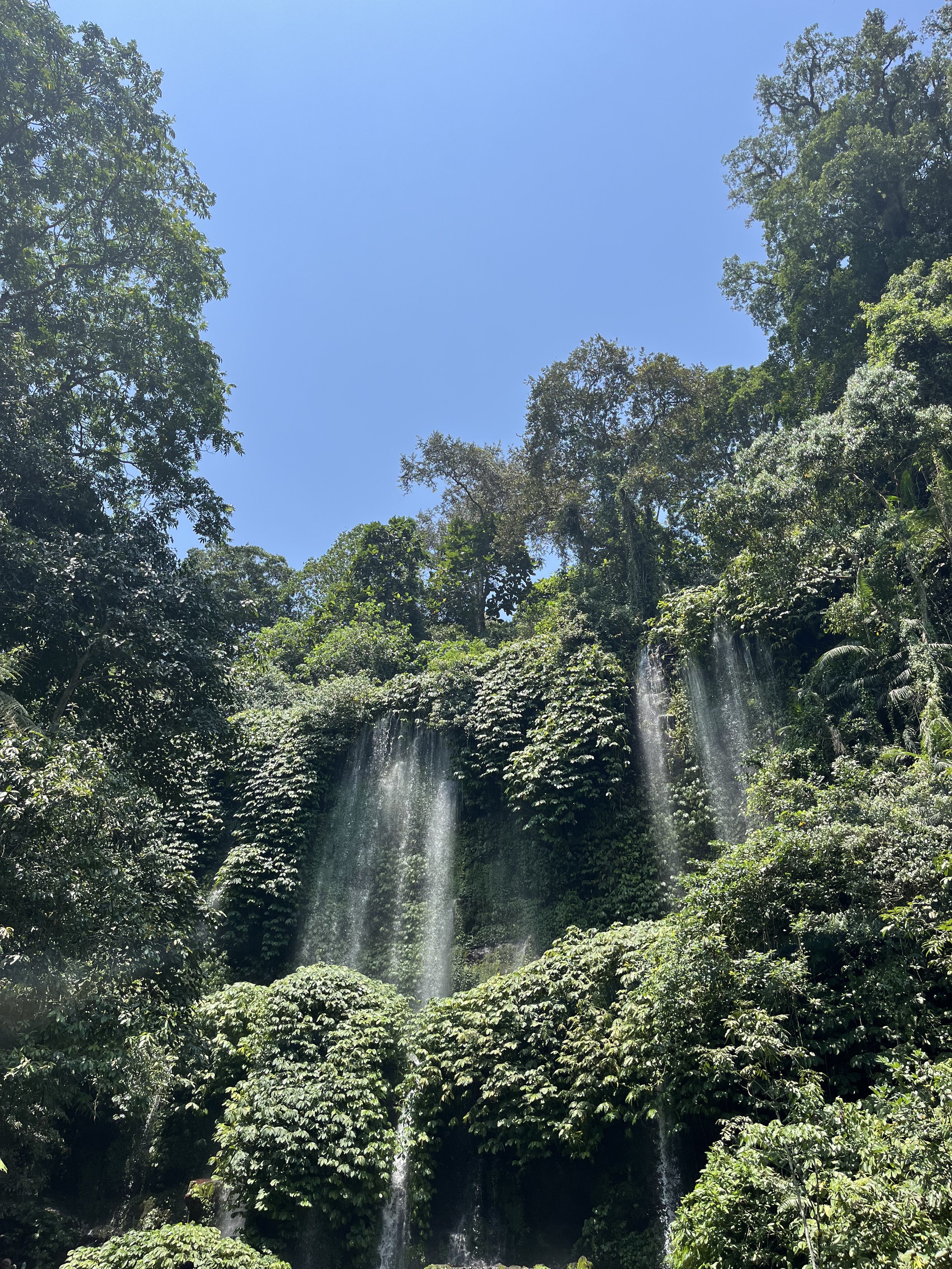 Benang Kelambu Waterfall cascading over a lush green cliff in Lombok