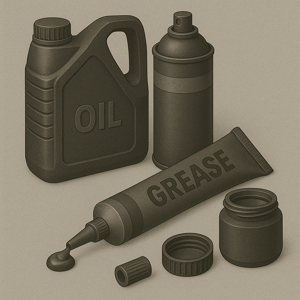 Illustration of various lubricant containers including an oil can, grease tube, spray can, and small jar with lids and nozzle.