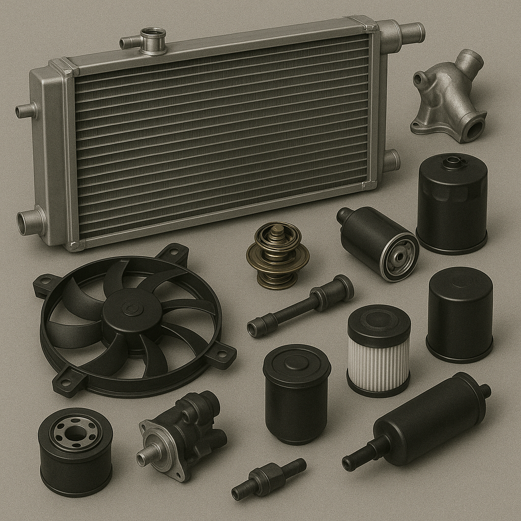 Various car engine parts including a radiator, fan, thermostat, and filters.