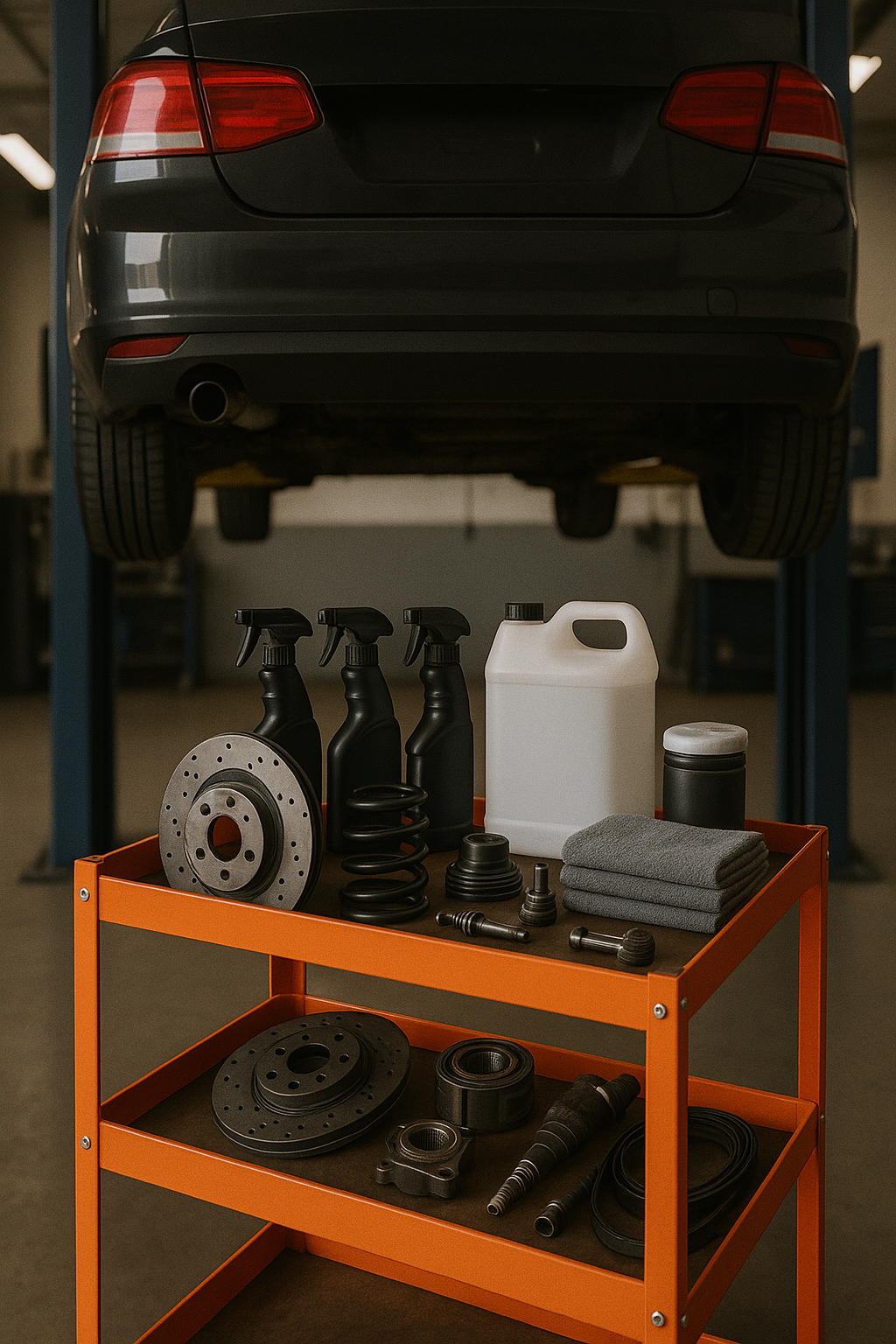 Car on lift with orange tool cart containing car cleaning products, brake discs, springs, and various auto parts in garage.