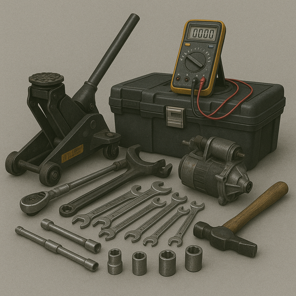 Collection of automotive tools including a car jack, wrenches, socket set, hammer, electrical multimeter, and a black toolbox.