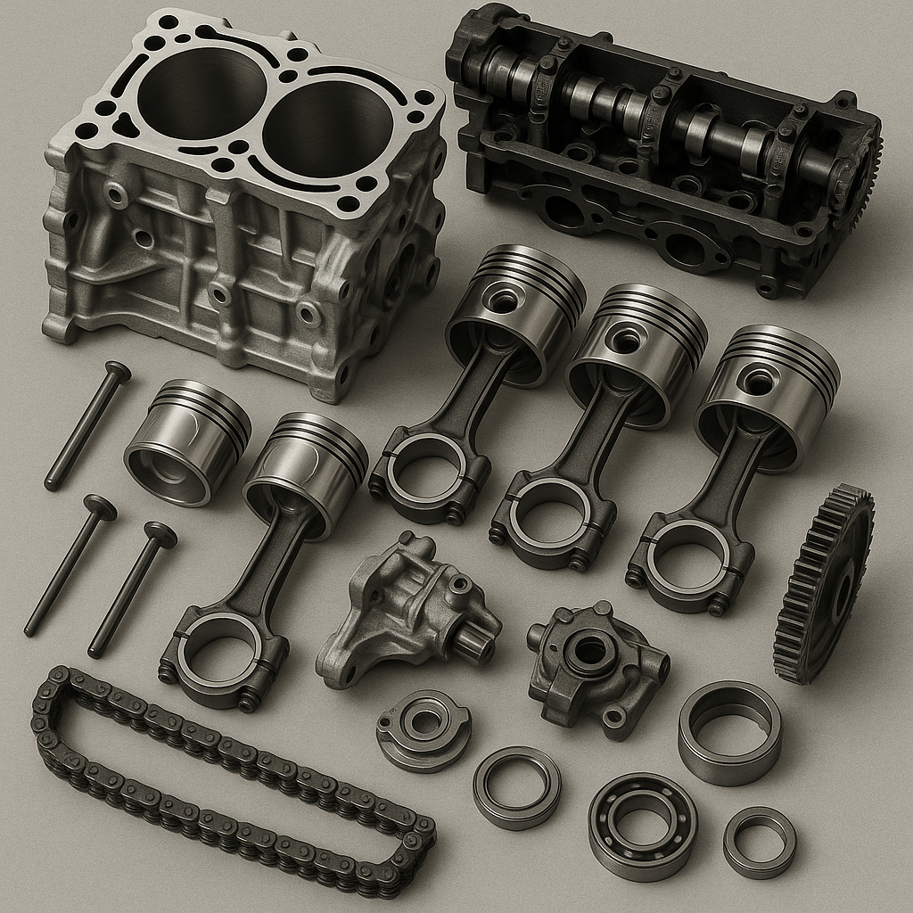 Assorted engine components including pistons, crankshaft, bearing, cylinder block, and timing chain, arranged on a flat surface.