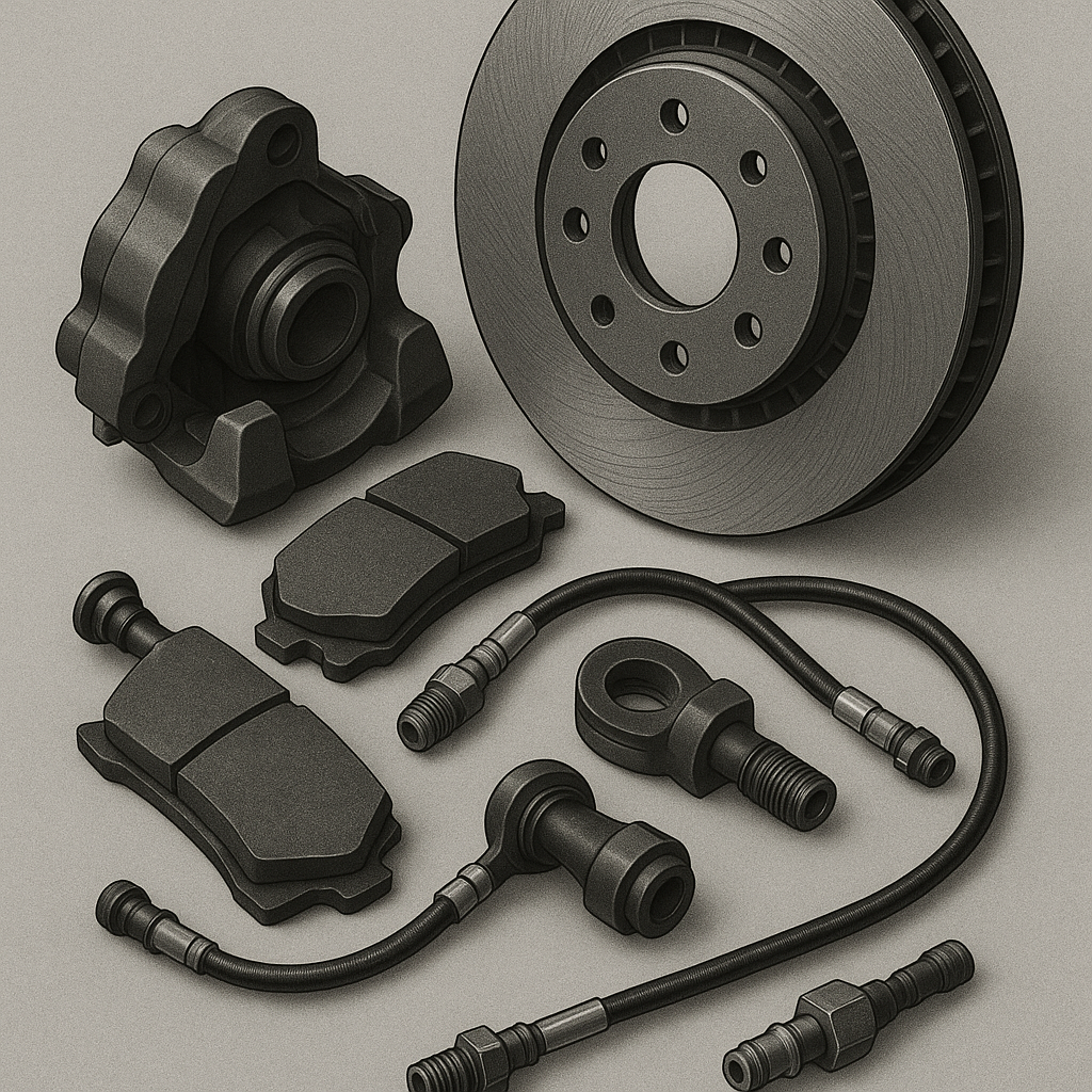 Car brake system components including a brake disc, caliper, brake pads, brake lines, and fittings on a neutral background.