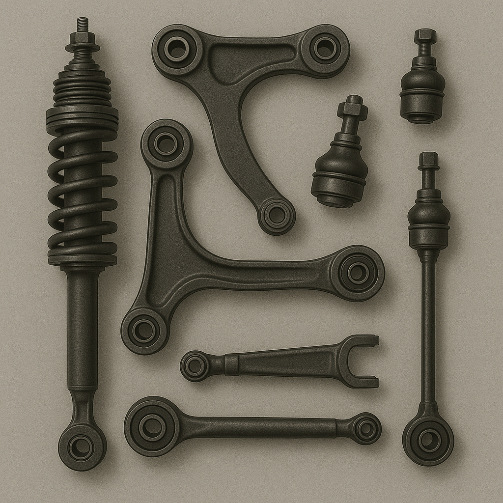 Assorted car suspension parts on a neutral background, including a coil spring shock absorber, control arms, ball joints, and tie rods.