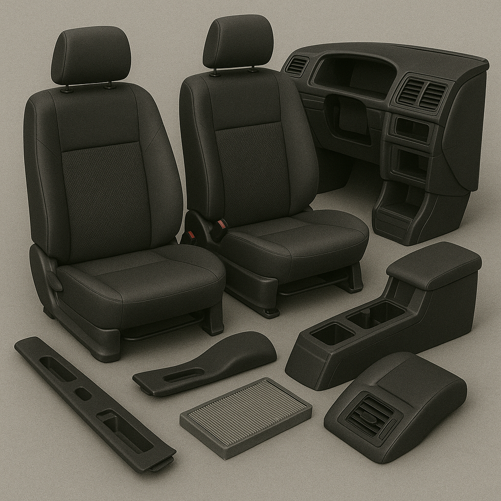 Car interior parts including seats, dashboard, center console, and various components on a light background.