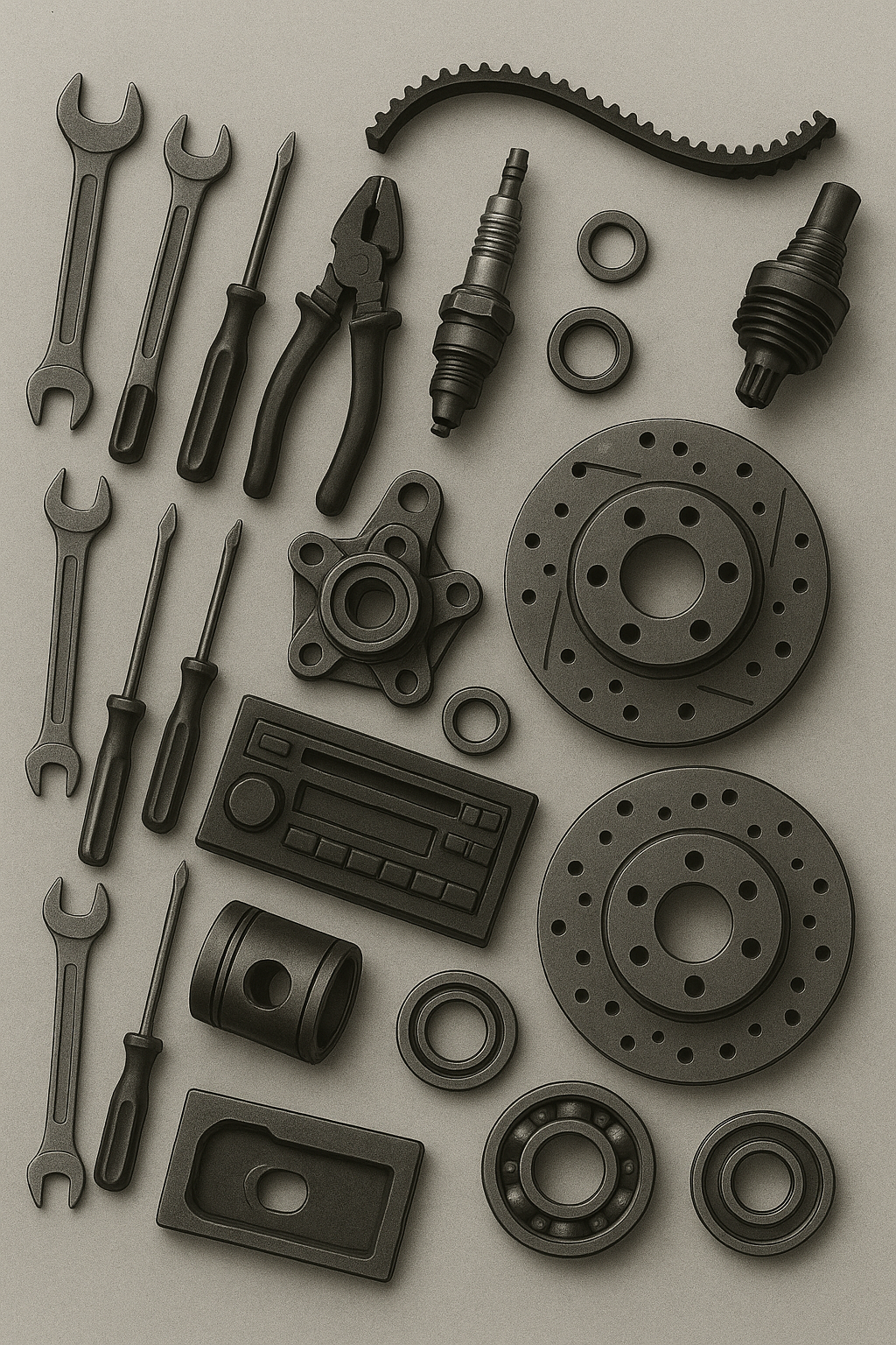 Assorted car parts and tools including wrenches, screwdrivers, pliers, spark plug, gear, piston, car stereo, and brake discs on a flat surface.