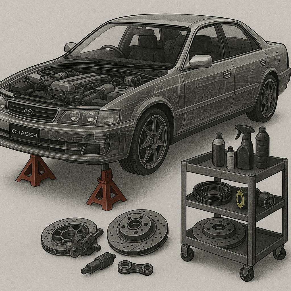 Illustration of a car on jack stands with visible internal components, surrounded by car parts such as brake discs, rotors, and oil bottles on a cart.