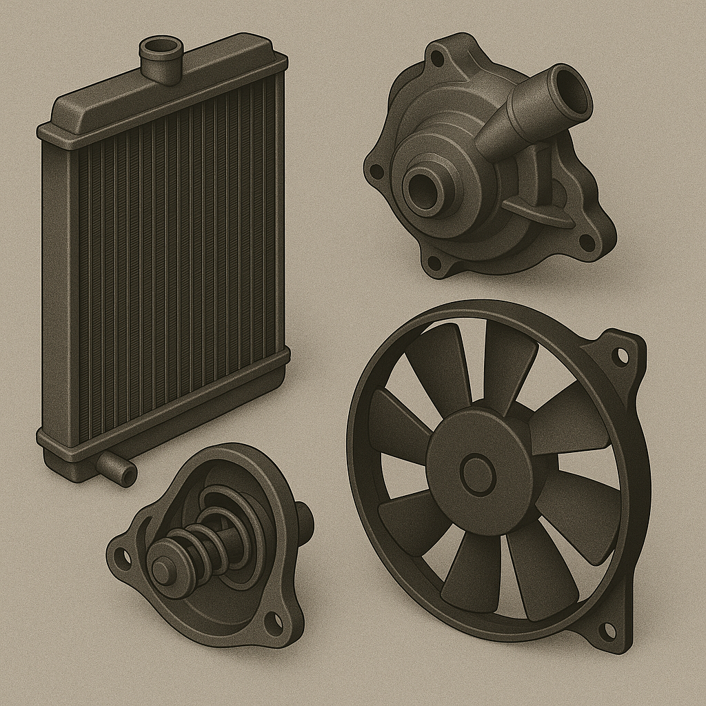 Illustration of automotive cooling system parts including a radiator, water pump, thermostat, and cooling fan on a beige background.