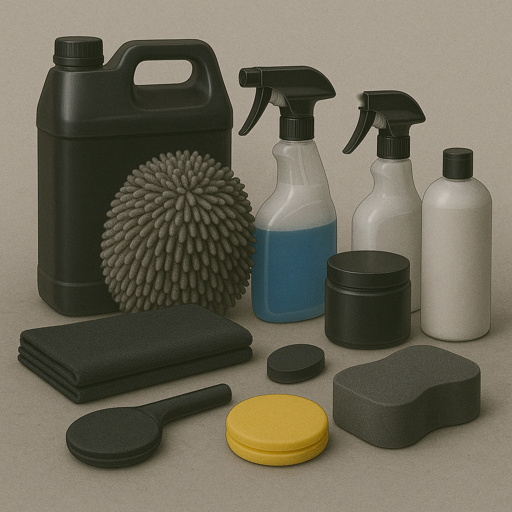 A collection of car cleaning supplies including spray bottles, a black jug, microfiber cloths, scrubbing pads, and a sponge, arranged on a beige surface.