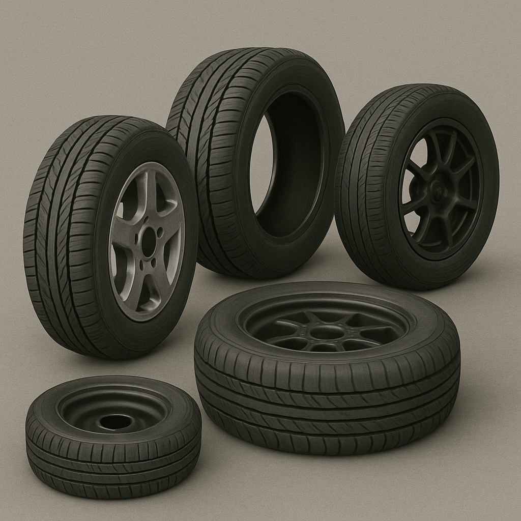 Collection of five car tires with different rim designs, displayed on a plain background.
