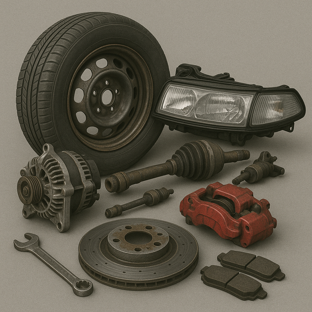 Car parts including a tire, alternator, headlight, various axles, brake caliper, brake pads, disc brake rotor, and wrench on a gray background.