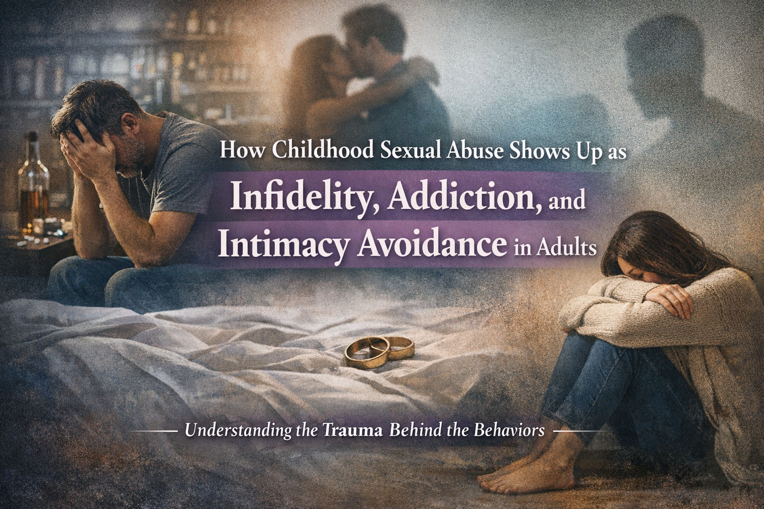 Illustration showing how childhood sexual abuse can impact adult relationships through addiction, infidelity, and emotional disconnection