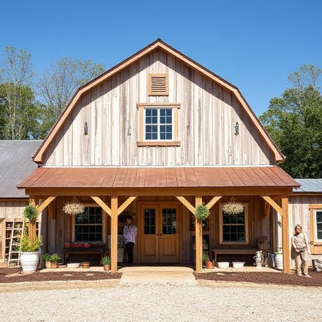Rustic wooden house with a front porch, two hanging plants, and two women standing on either side of the entrance under a clear blue sky.
