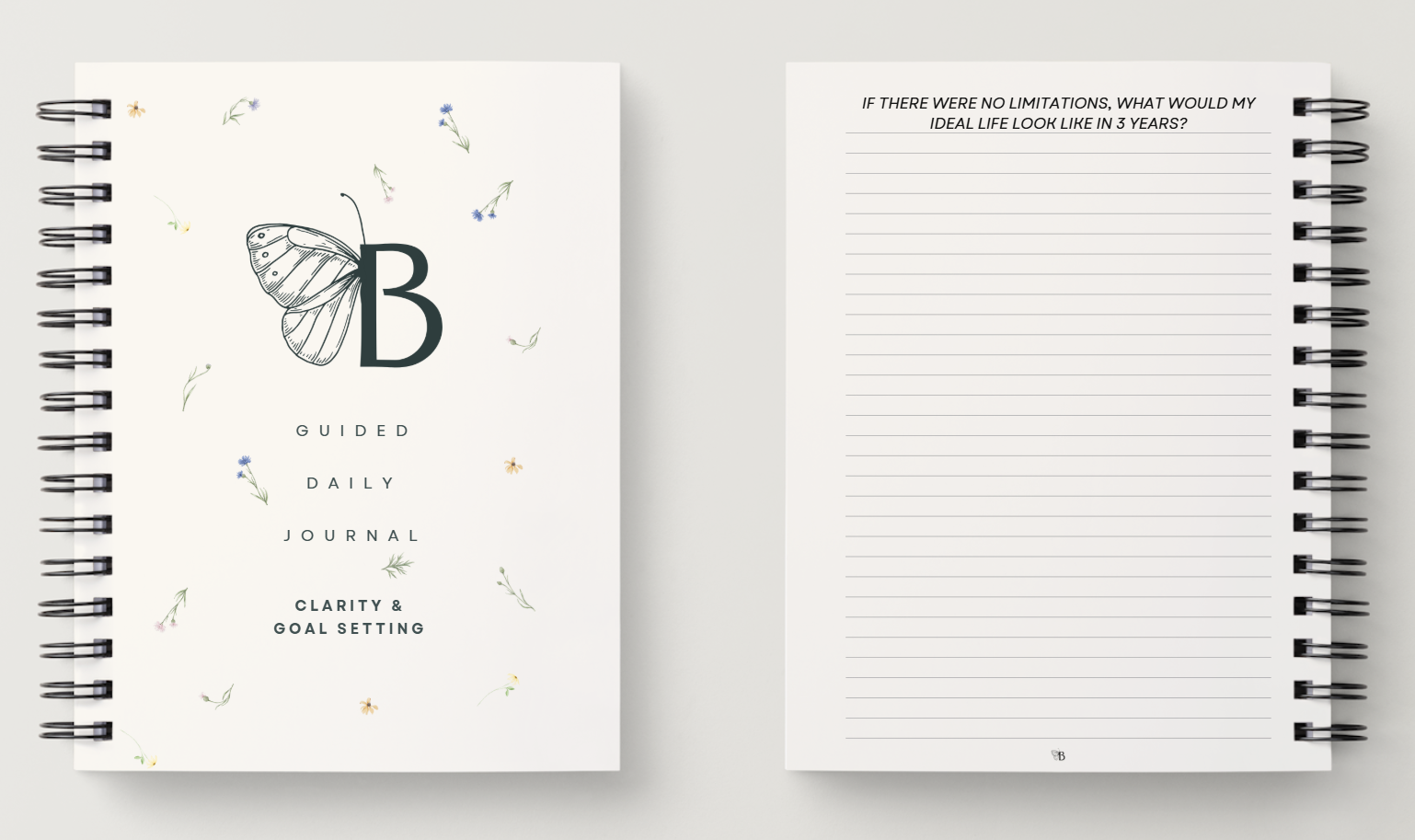 Guided daily journal with a butterfly illustration, large 'B' on the cover, and blank lined pages inside for writing.