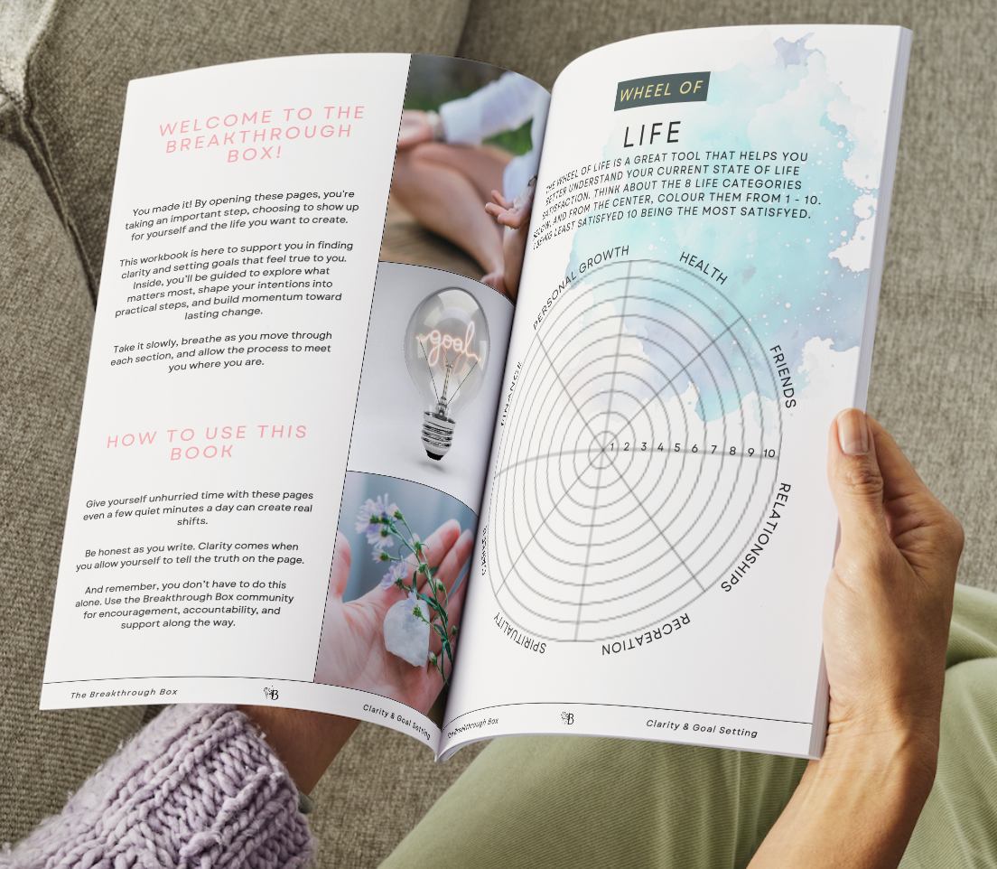 Open booklet titled 'Breakthrough Box' showing pages about life purpose and goal setting, with arm and hand holding the booklet.