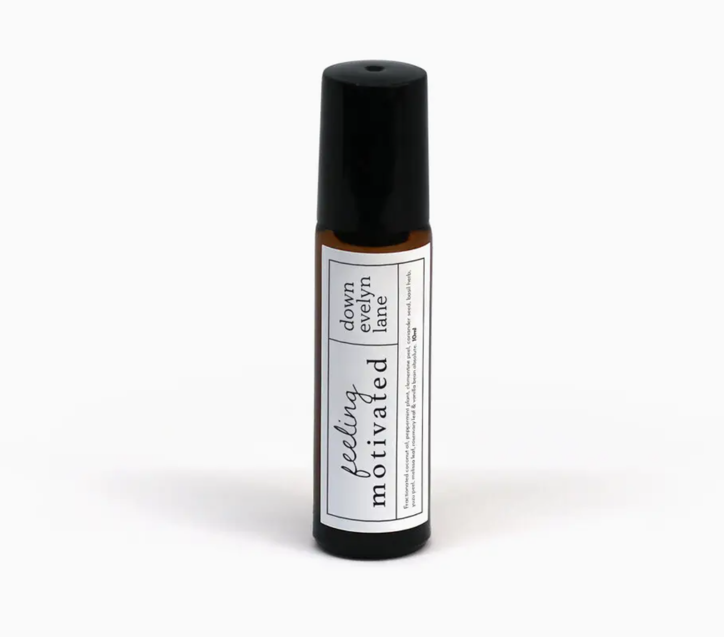 A small brown roll-on bottle labeled 'feeling motivated down Evelyn lane' on a plain white background.