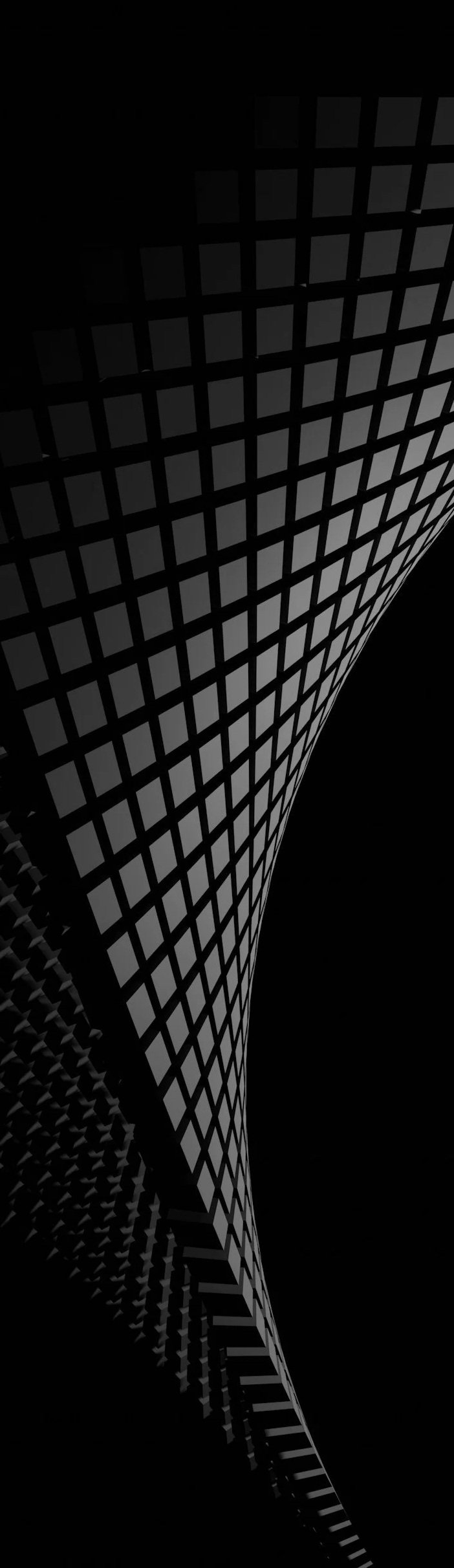 Black and white abstract digital art featuring a curved grid pattern.