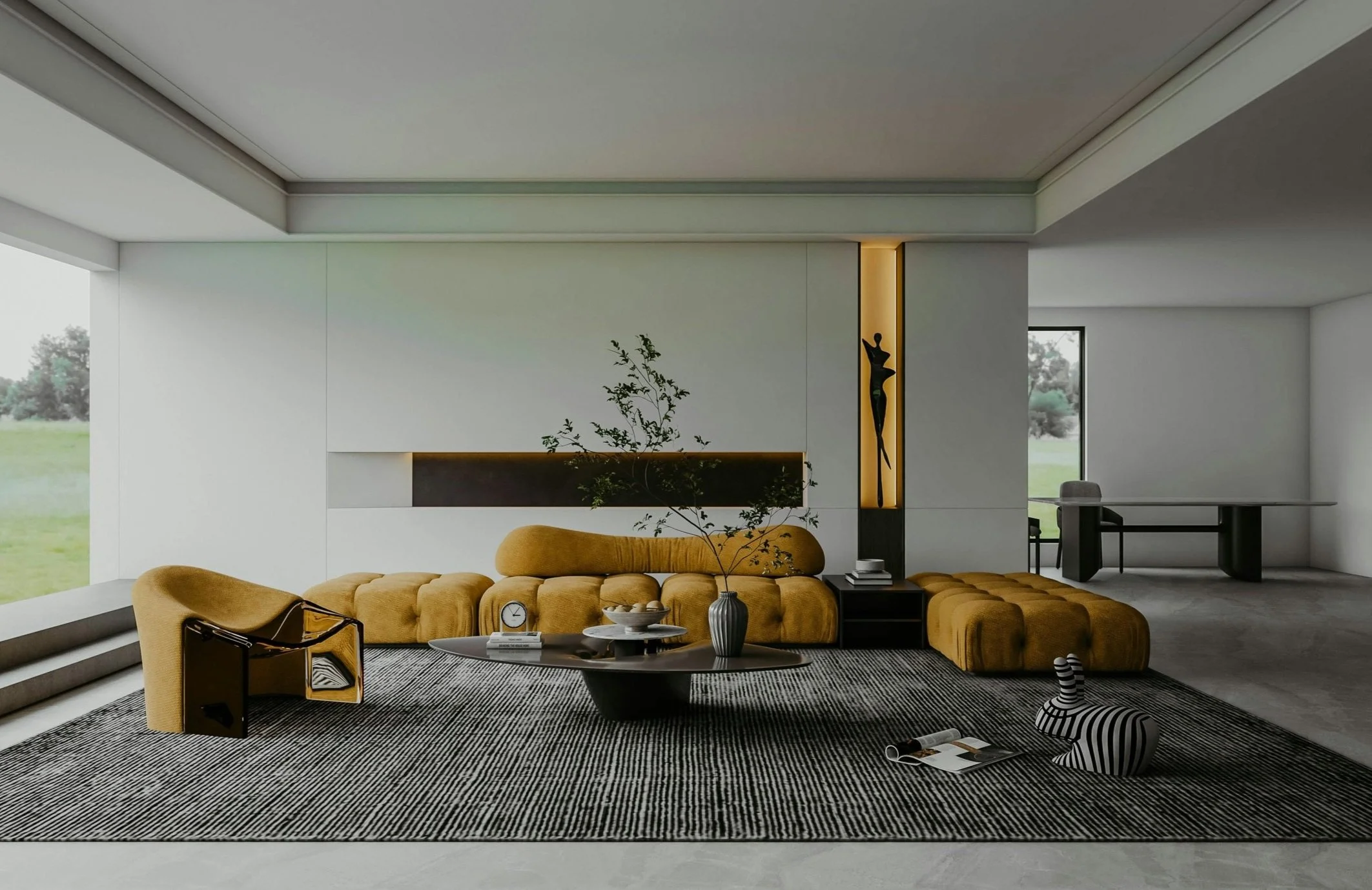 Modern living room with mustard sofa, glass chair, black and white rug, sculptural decor, and large window view.