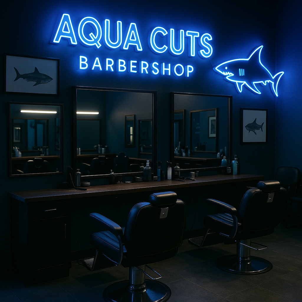 Interior of a barbershop with mirrors, chairs, and a neon sign that reads 'Aqua Cuts Barbershop' with a shark graphic.