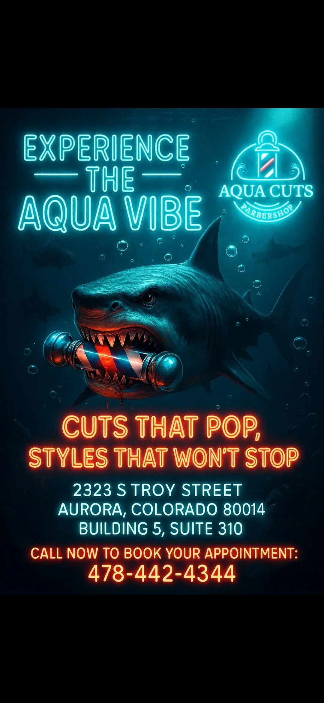Neon sign for Aqua Cuts barbershop featuring a shark holding a barber pole in its mouth, with the slogan 'Experience the Aqua Vibe' and contact details.
