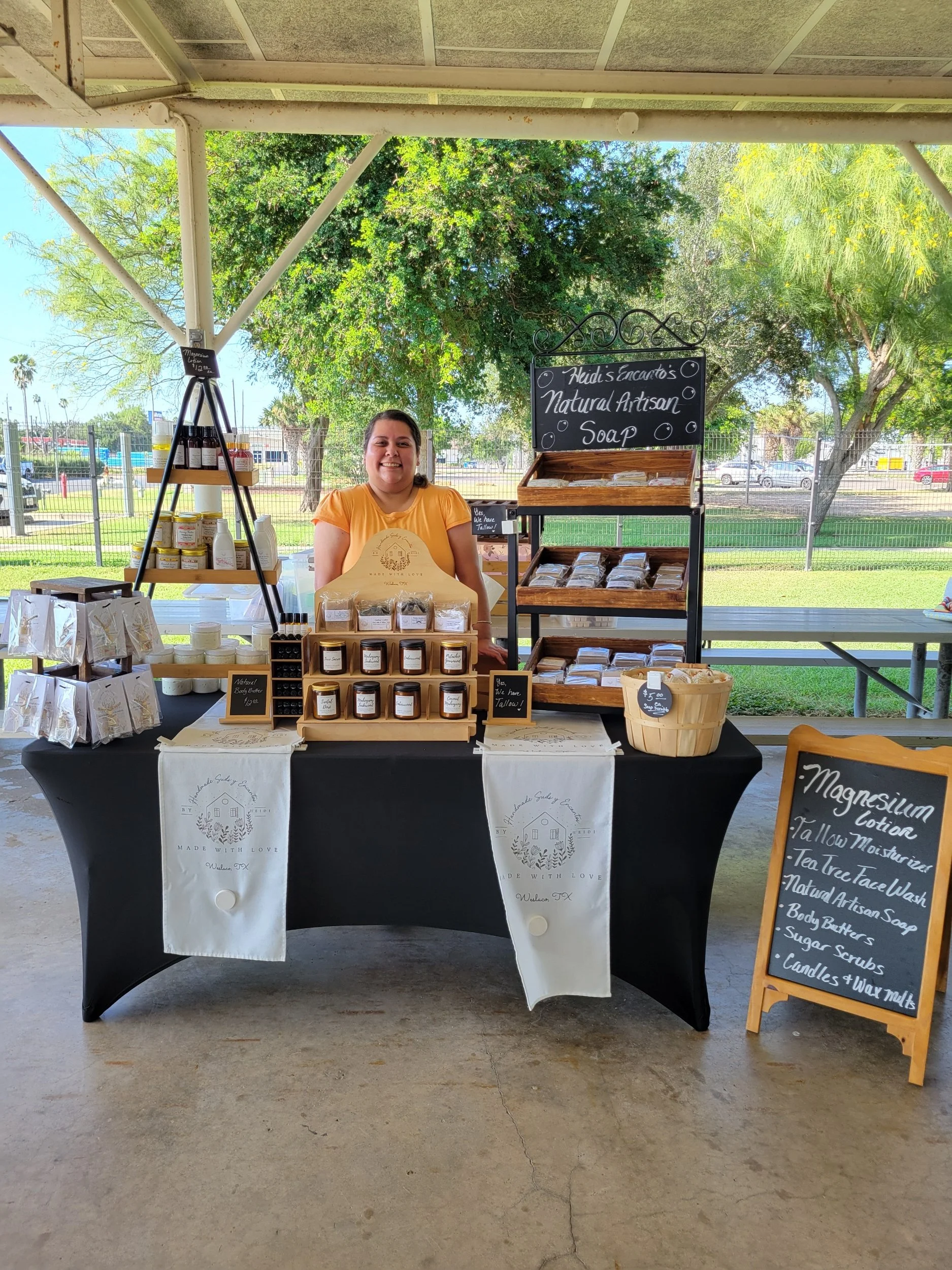 Heidi’s Encantos Studio handmade skincare and artisan soap booth at an RGV market Mcallen, TX at Firemans Park