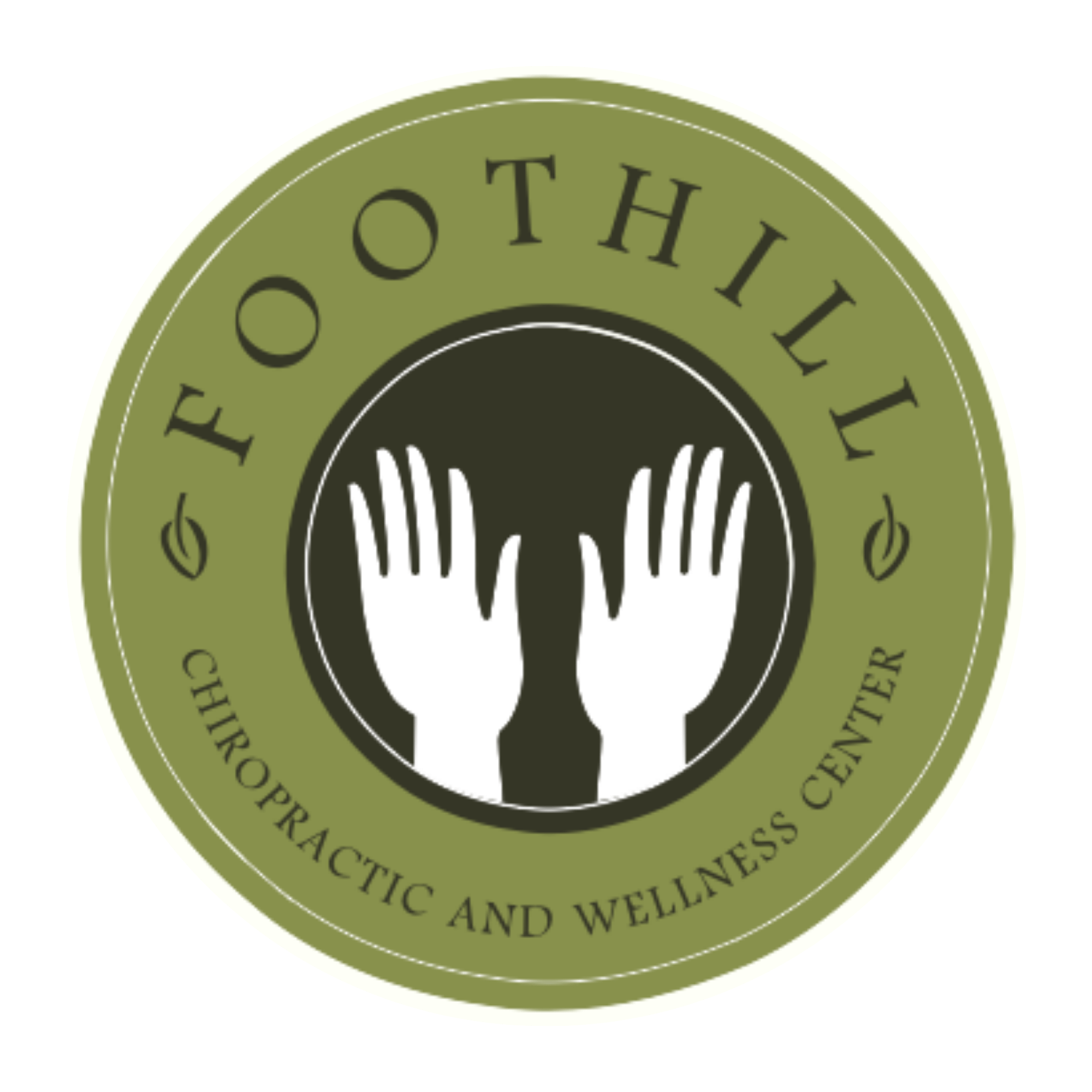Logo for a chiropractic and wellness center featuring two white hands reaching upward on a black background, with the name 'Fothill Chiropractic and Wellness Center' encircling the hands in green and black.