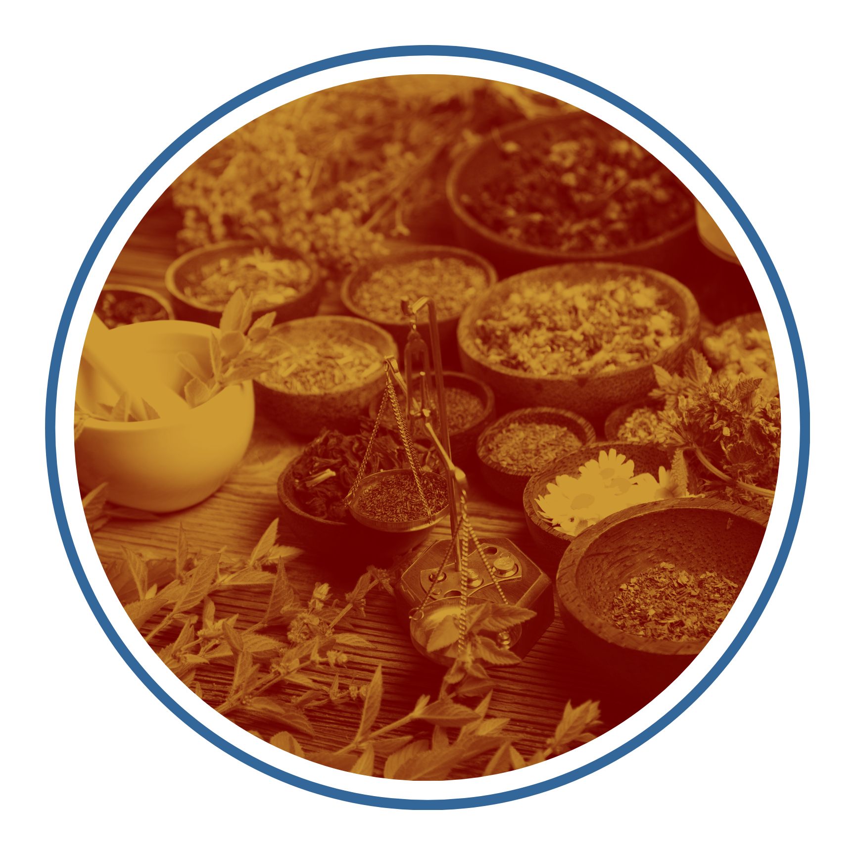 Various bowls filled with herbs, spices, and dried flowers on a wooden surface, with a small scale in the center.