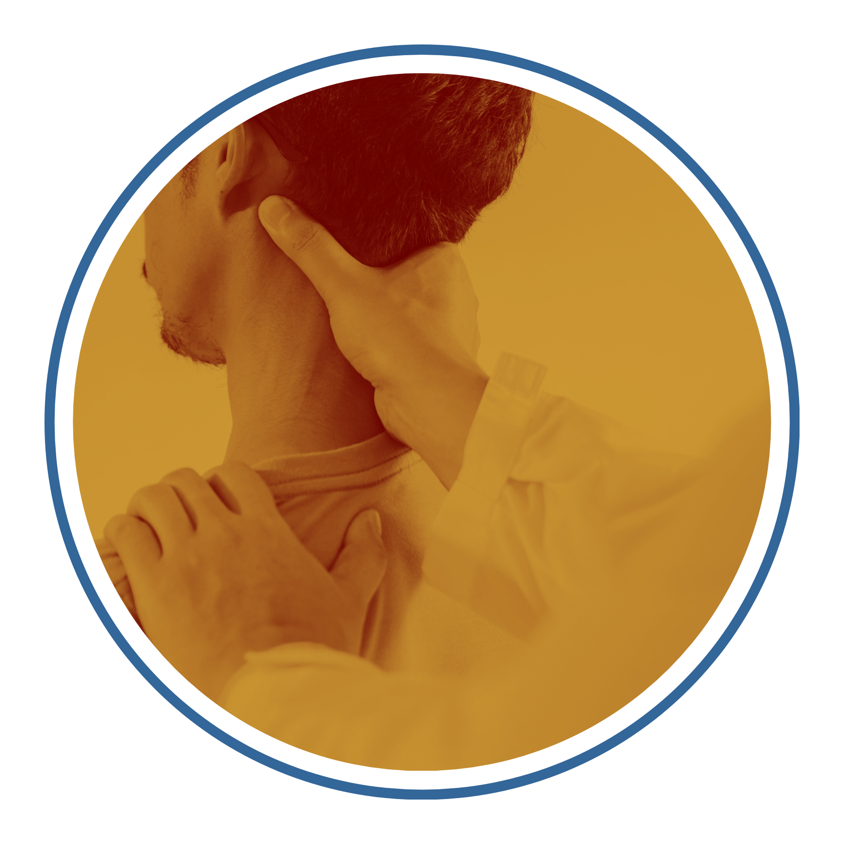 A person experiencing neck pain or discomfort, holding their neck with both hands.
