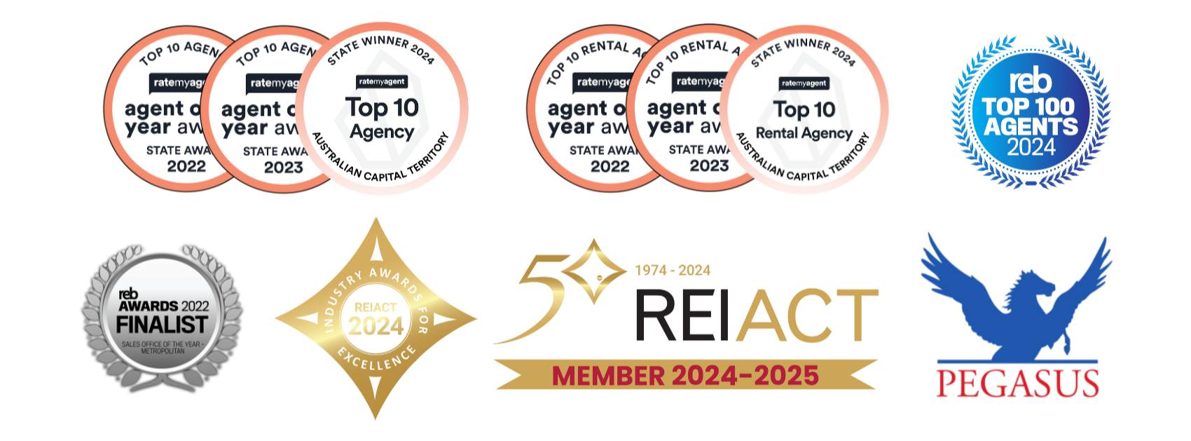 Multiple awards and logos related to real estate and agency recognition, including medals for top agent, agency, and rental agency awards for 2022, 2023, and 2024; a badge indicating finalist status in 2022; a gold emblem with the number 50 and the years 1974-2024; and a blue eagle logo with the inscription "PreAusts" and the years 2024-2025.