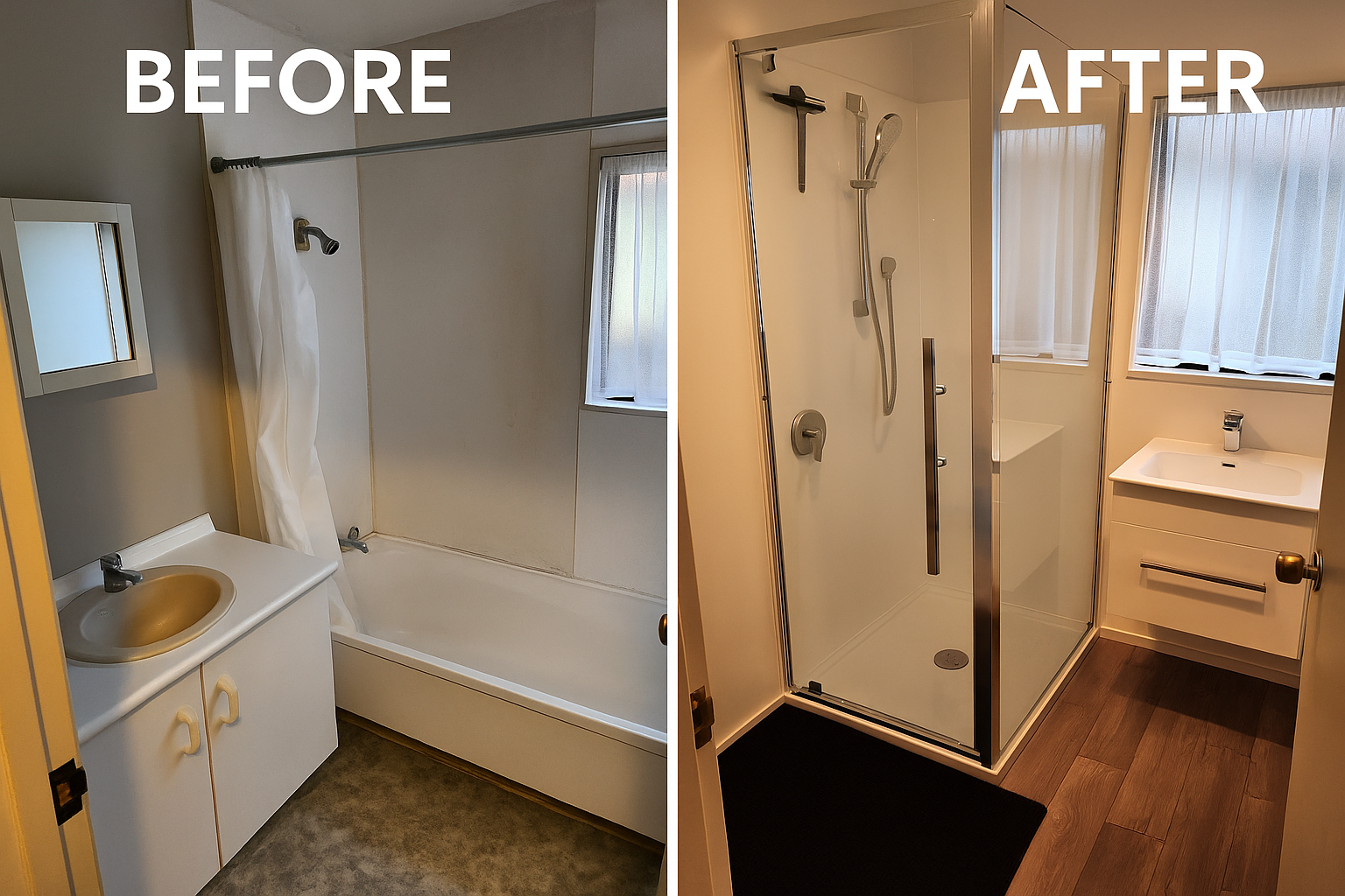 Side-by-side comparison of a bathroom before and after renovation. The before image shows an old, small bathroom with a bathtub, a white vanity with a yellow sink, and a small window with white curtains. The after image features a modern bathroom with a glass-enclosed shower, a white vanity with a white sink, a larger window with sheer curtains, and wooden flooring.