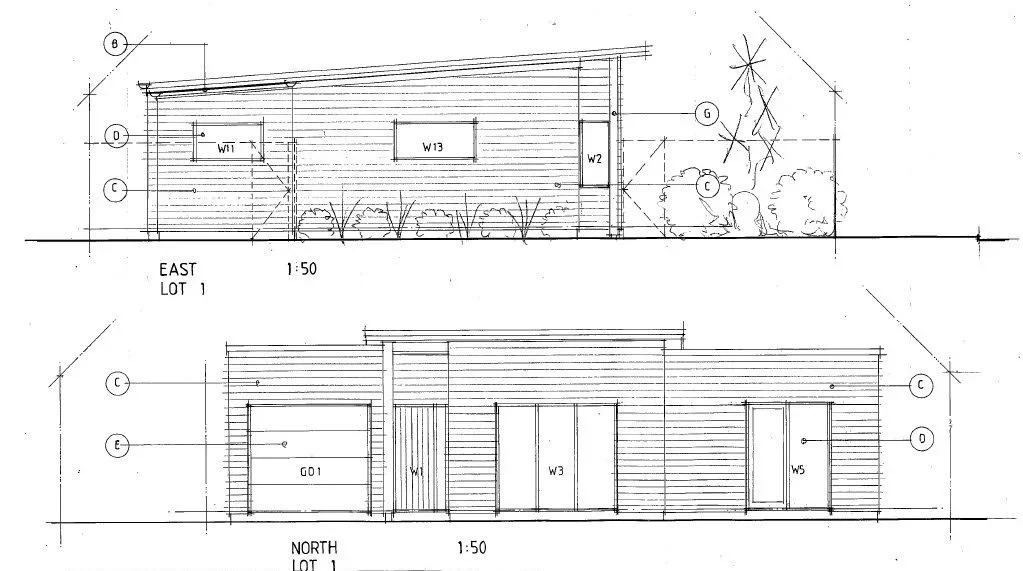 Architectural elevation drawings of a building's east and north sides, including windows, doors, and landscaping details, with scale 1:50.