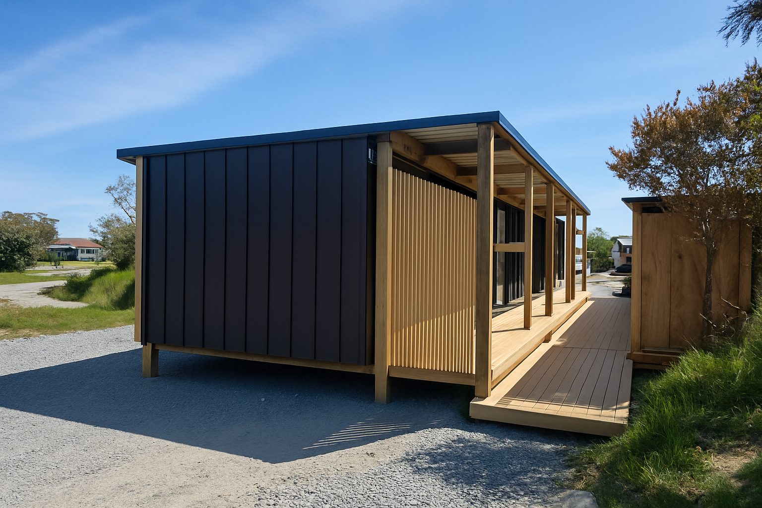 Modern tiny house with black vertical siding, wooden accents, and a ramp leading to the entrance, set outdoors under a clear blue sky.