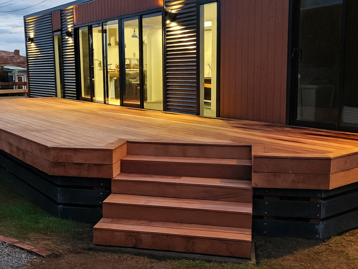 Wooden deck with steps leading up to a house with large glass sliding doors, vertical wooden and metal siding, and interior lighting visible.