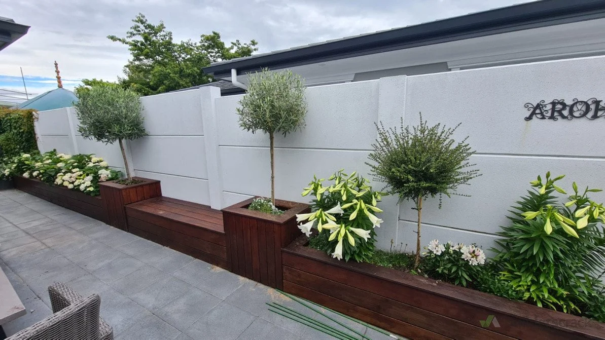 A modern outdoor garden with a white wall, three small trees in wooden planters, and various flowering plants on a tiled patio.