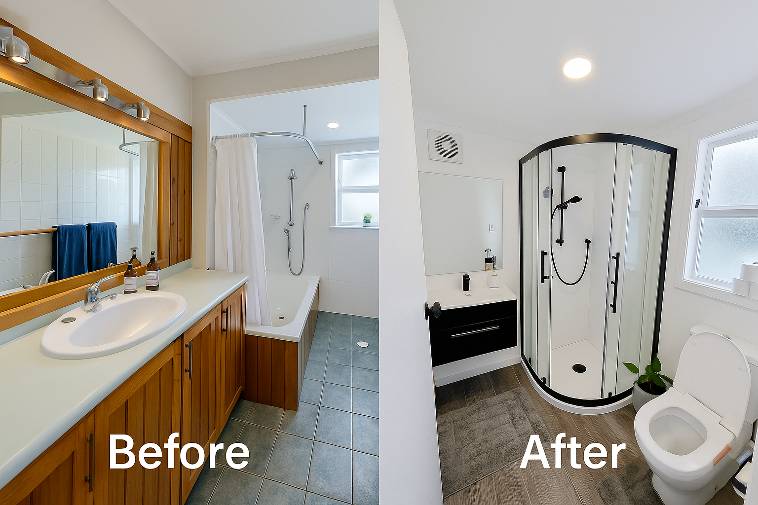 Bathroom before and after renovation, showing a wooden vanity with a mirror, a bathtub, and a shower area with a shower curtain in the before image, and a modern shower with glass enclosure, a toilet, and a small vanity in the after image.