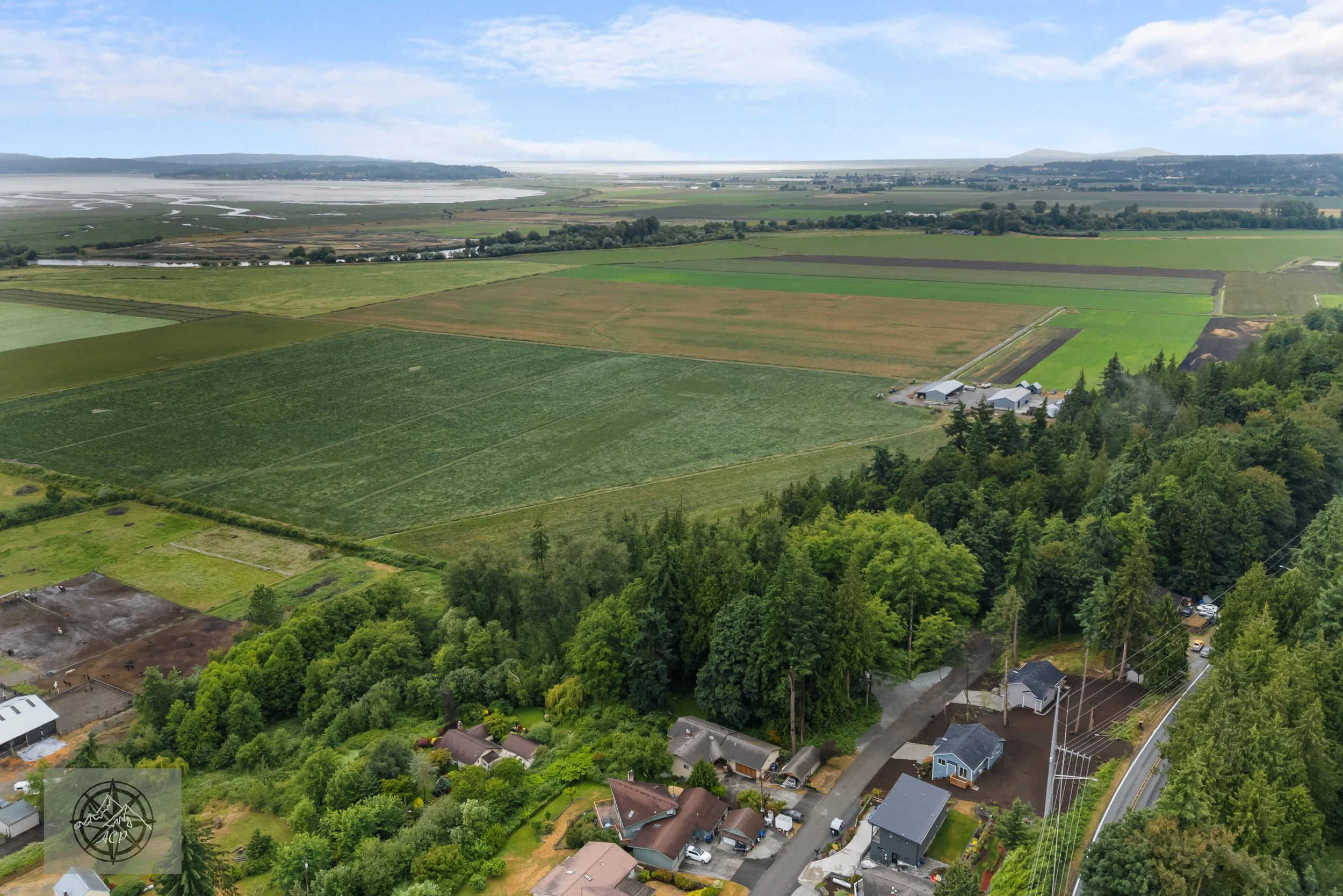 Aerial view of farmland with green fields and a small residential neighborhood with trees and houses.
