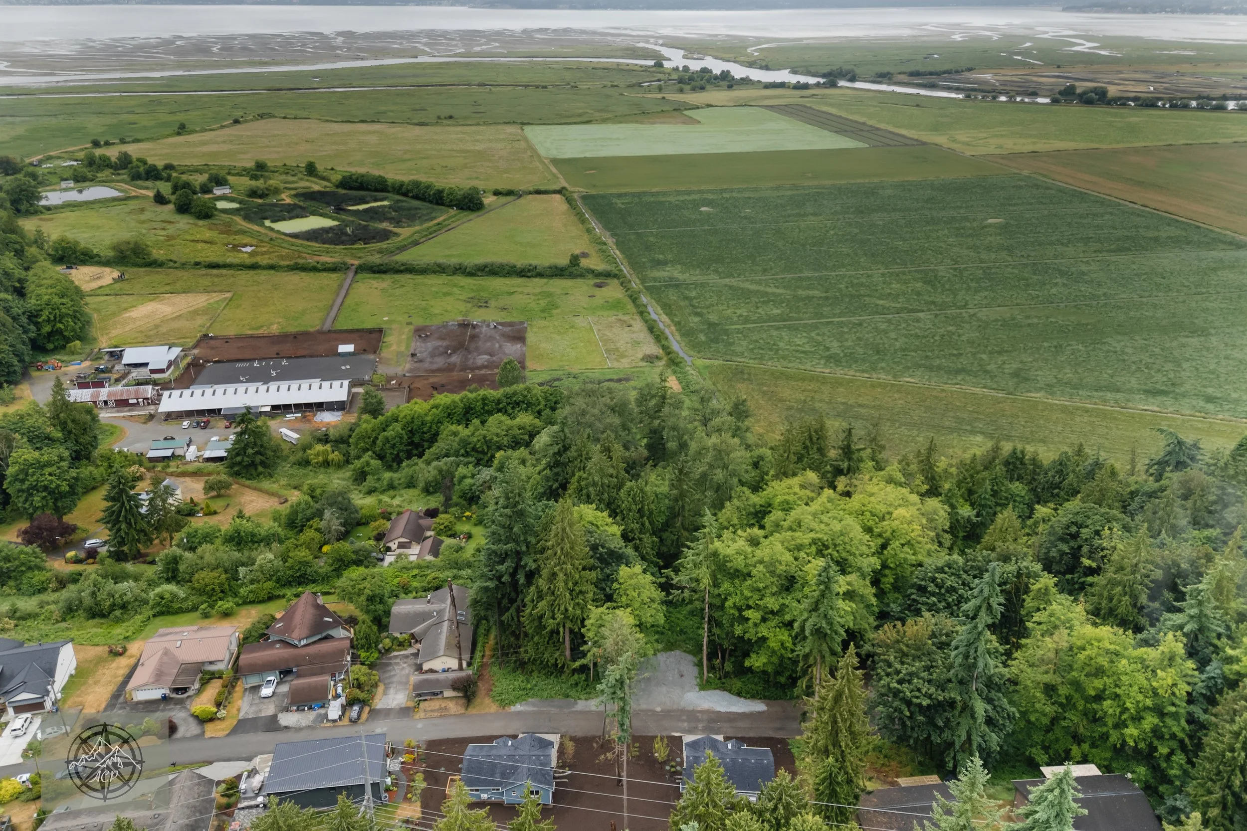 Aerial view of a rural area with residential houses, cultivated farmland, and patches of forest near a body of water.